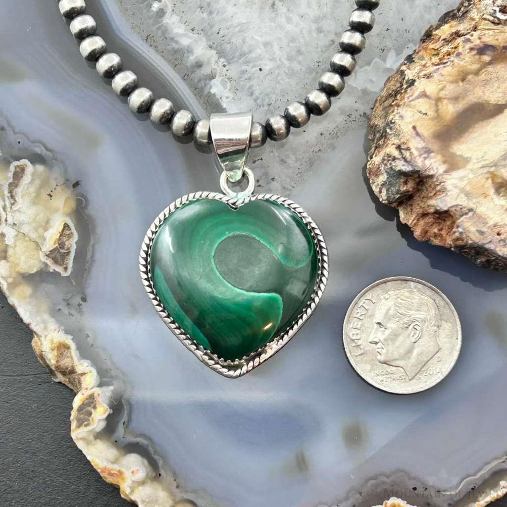 Sterling Silver Southwestern Style Malachite Heart Decorated Pendant For Women