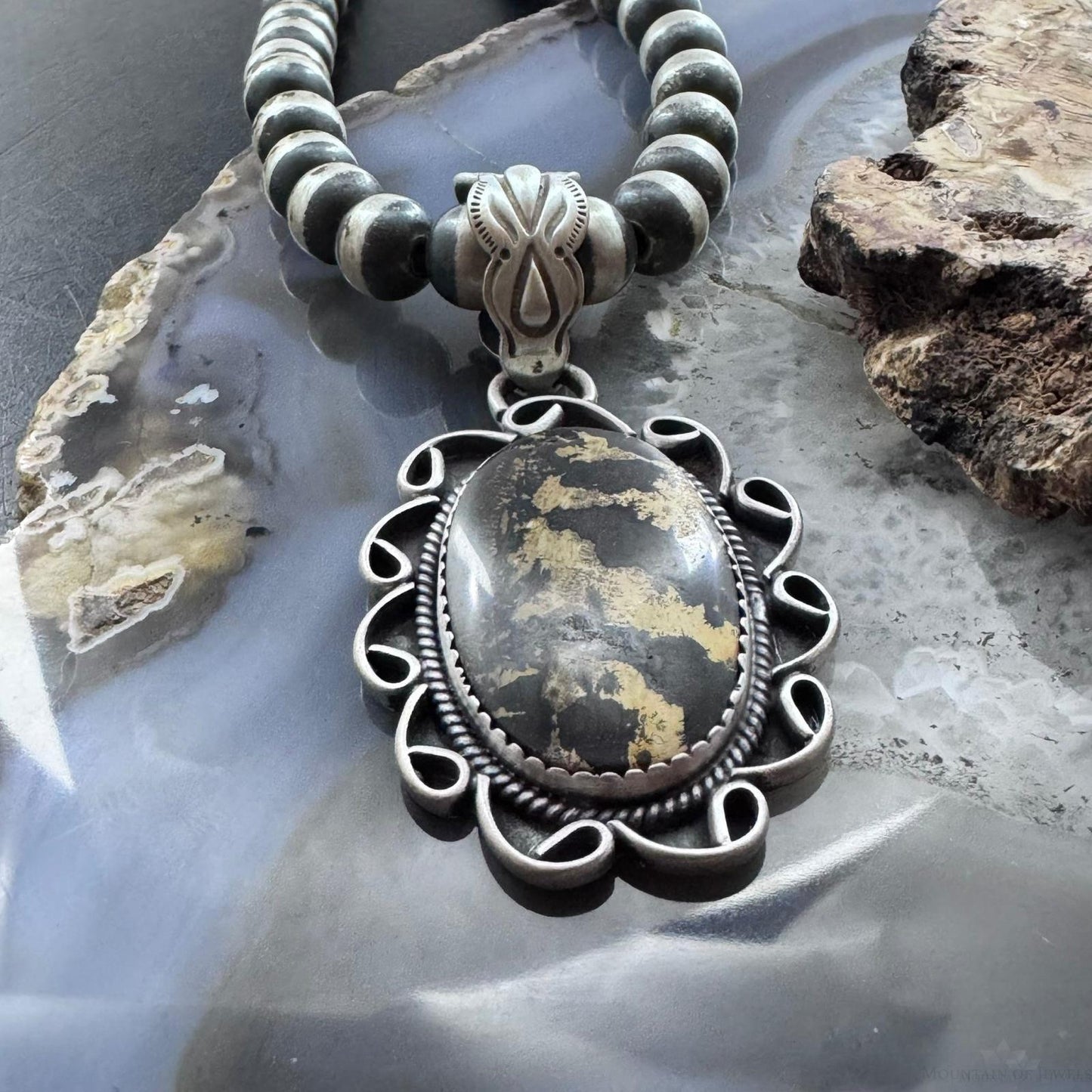 Sterling Silver Southwestern Style Oval Leopard Jasper Decorated Pendant For Women