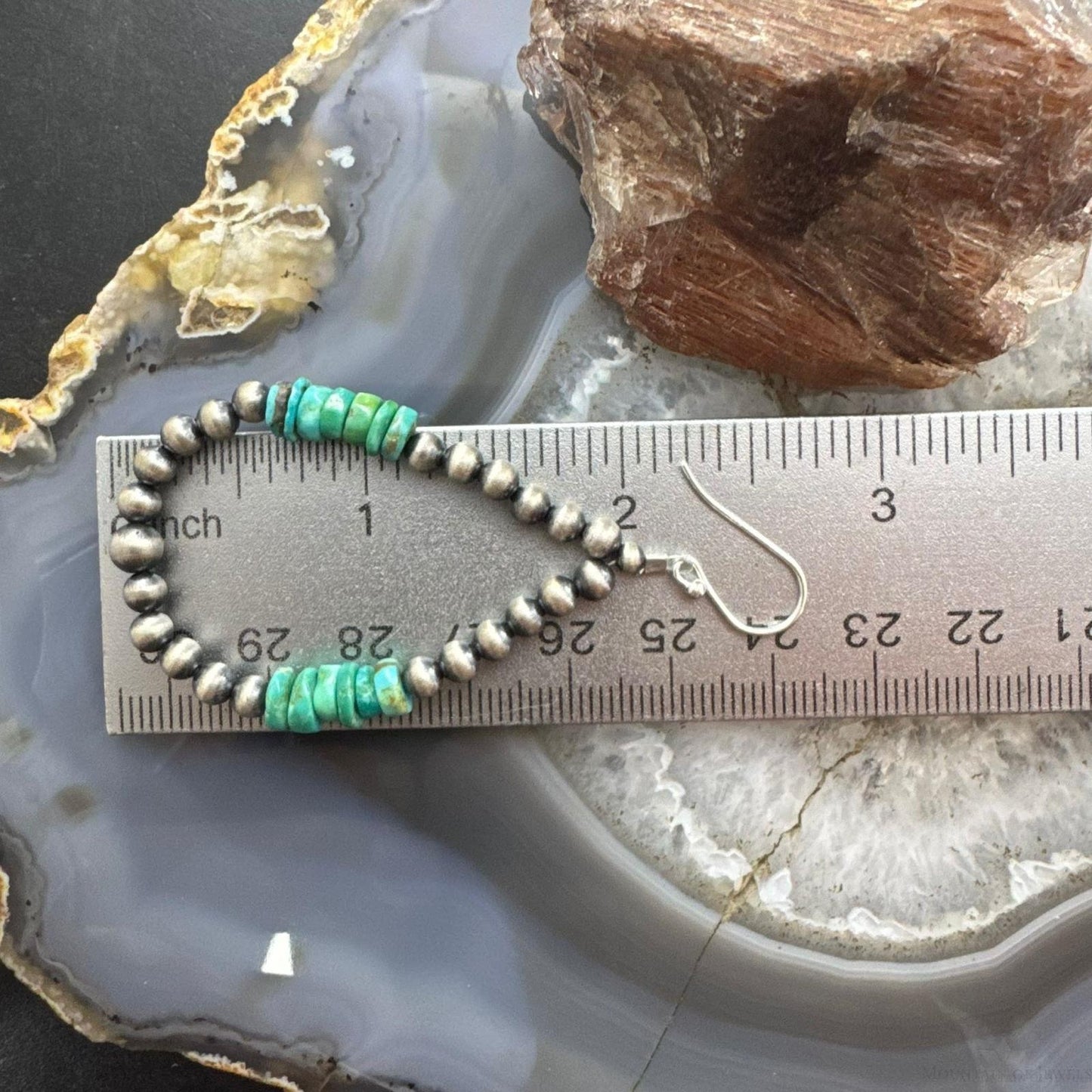 Sterling Silver 4mm Navajo Pearl Southwester Style & 6mm Turquoise Bead Hoop Earrings For Women