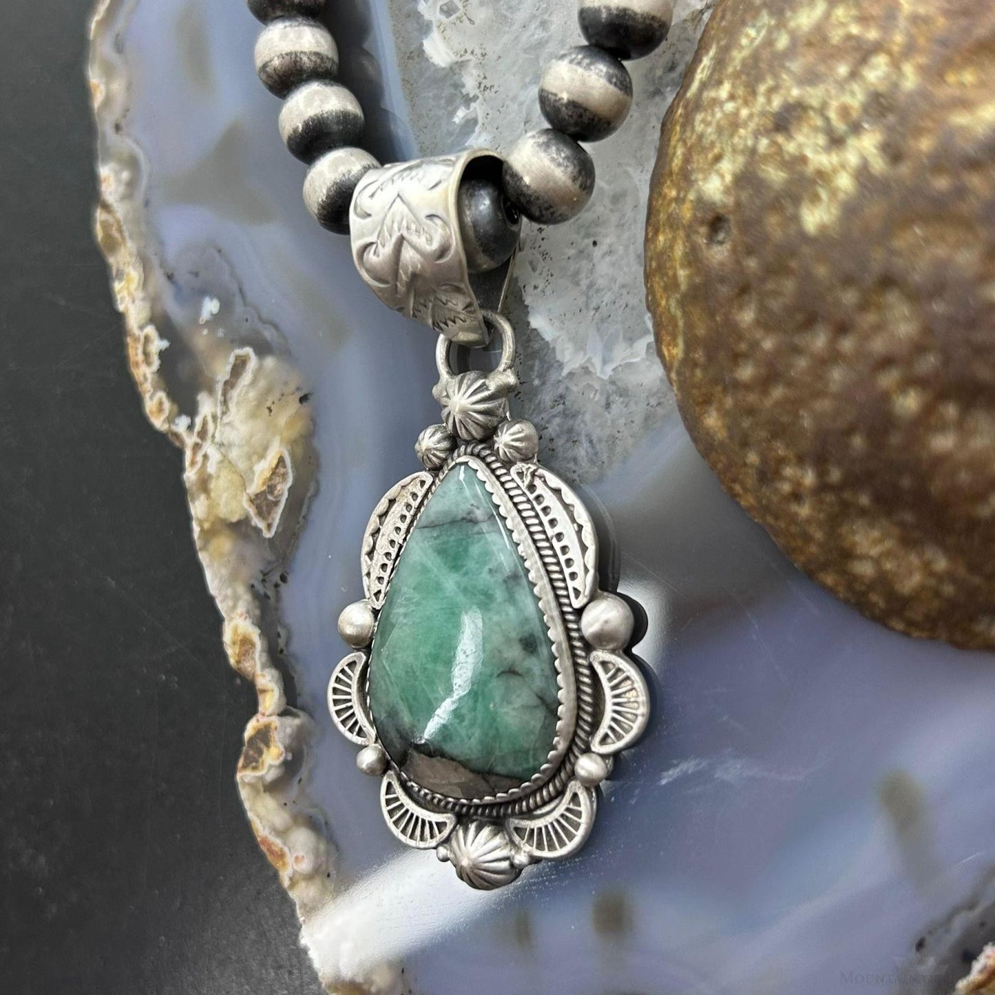 Sterling Silver Southwestern Style Teardrop Emerald Decorated Pendant For Women