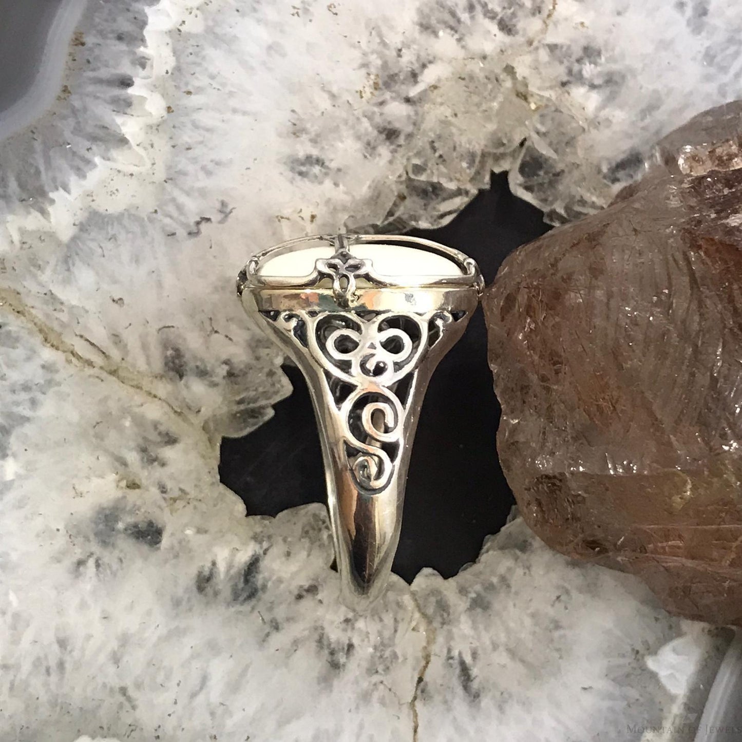 Carolyn Pollack Sterling Silver Oval White Jasper Decorated Cross Ring For Women