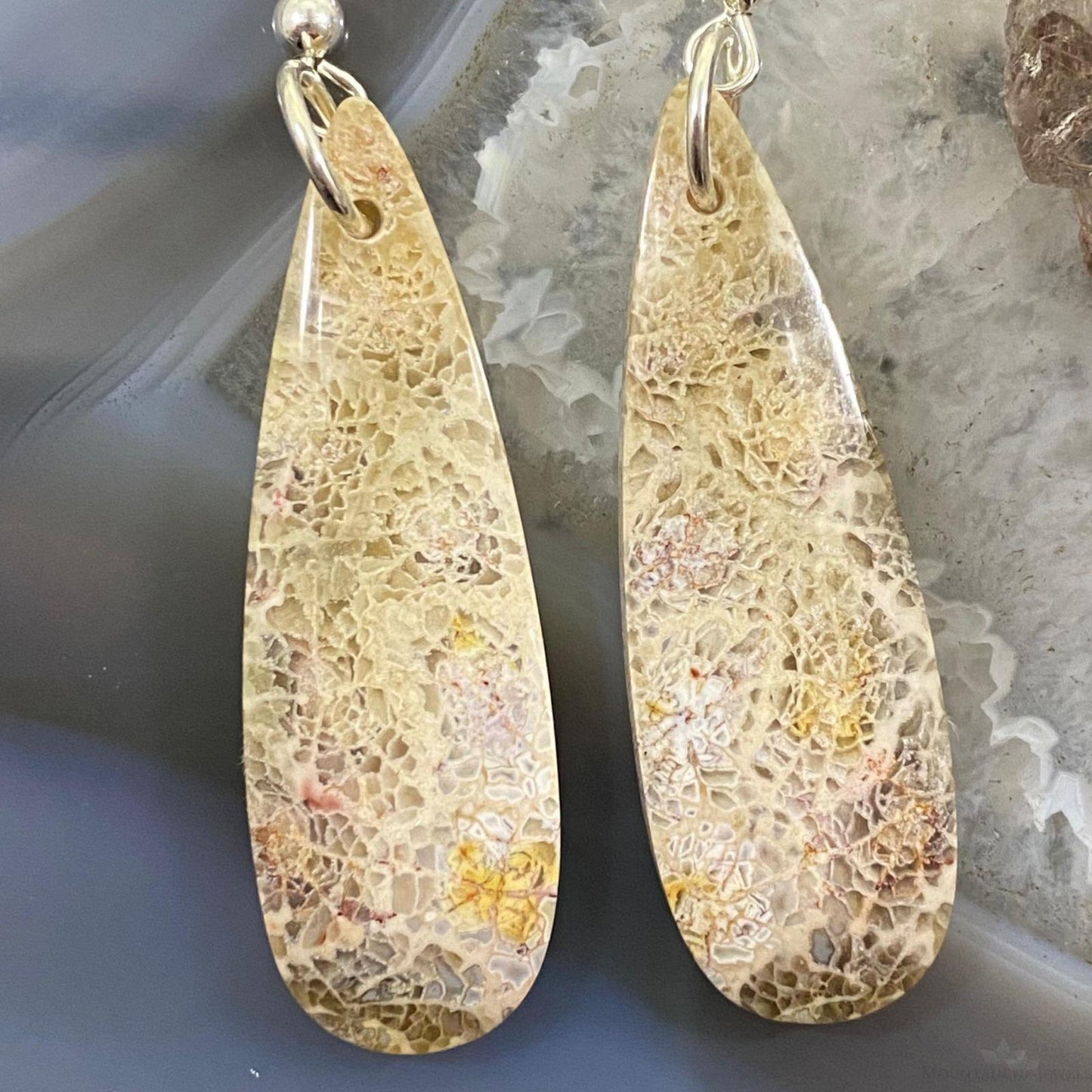 Sterling Silver Teardrop Fossilized Coral Slab Dangle Earrings For Women #091