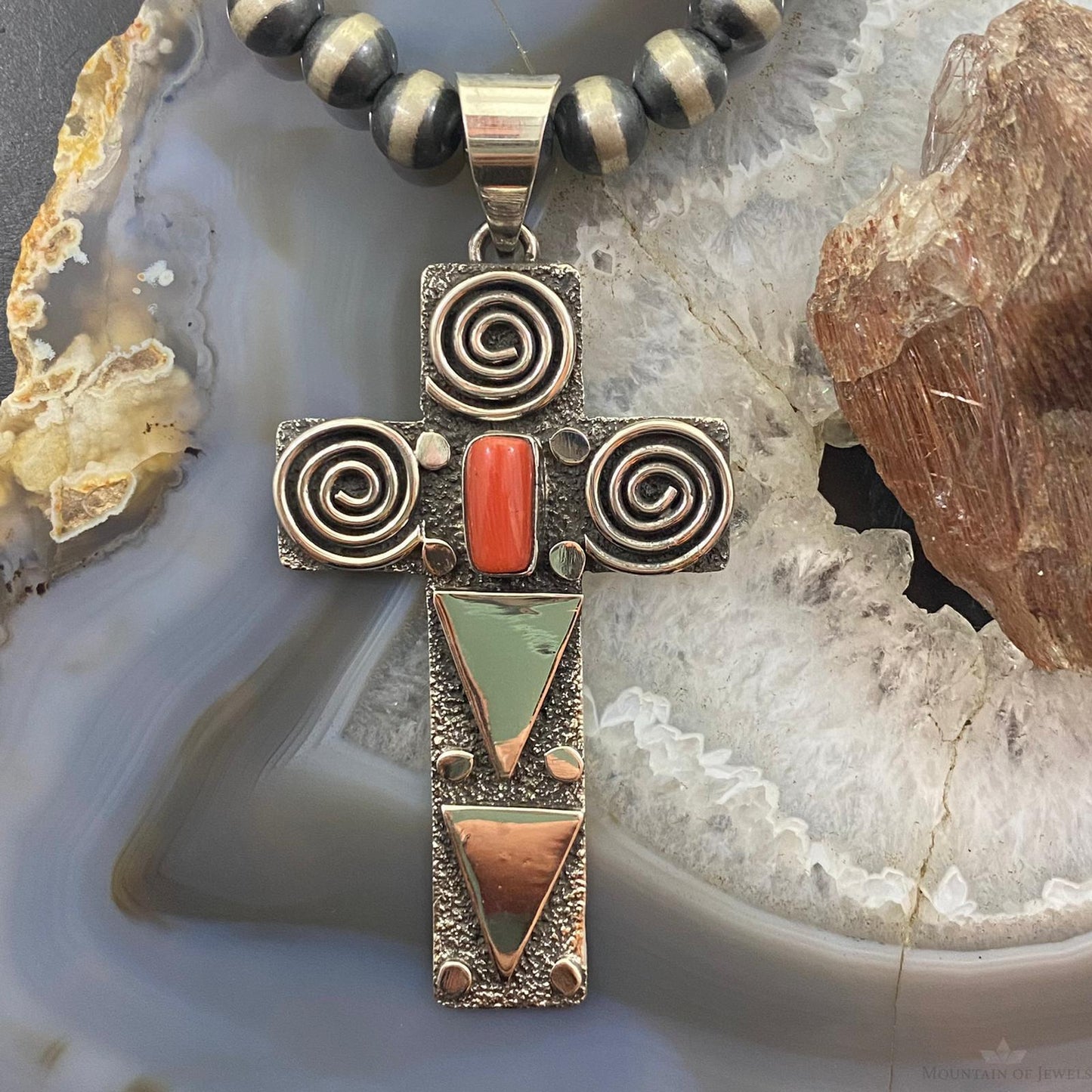 Alex Sanchez Native American Sterling Coral Petroglyph Cross Uni Pendant #4