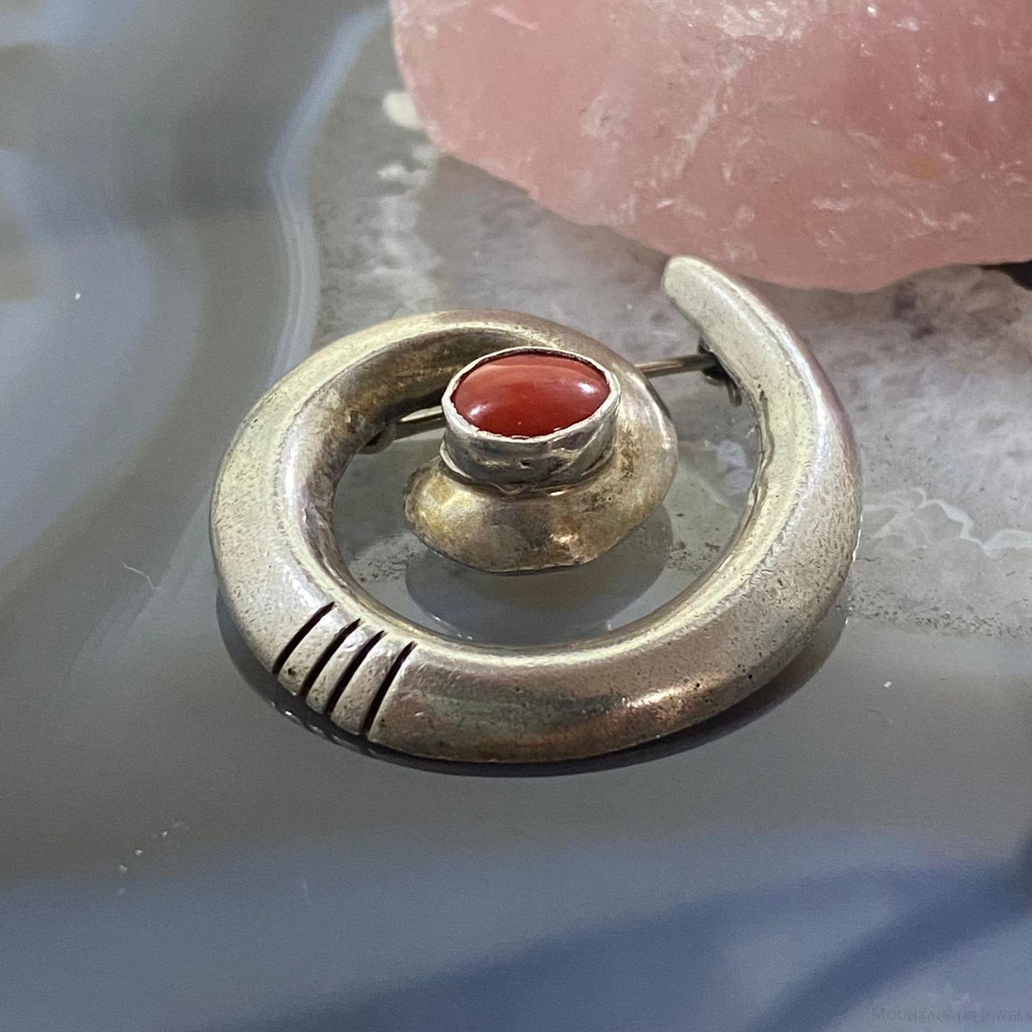 Vintage Native American Sterling Silver SandCast "Circle of Life" w/Coral Brooch