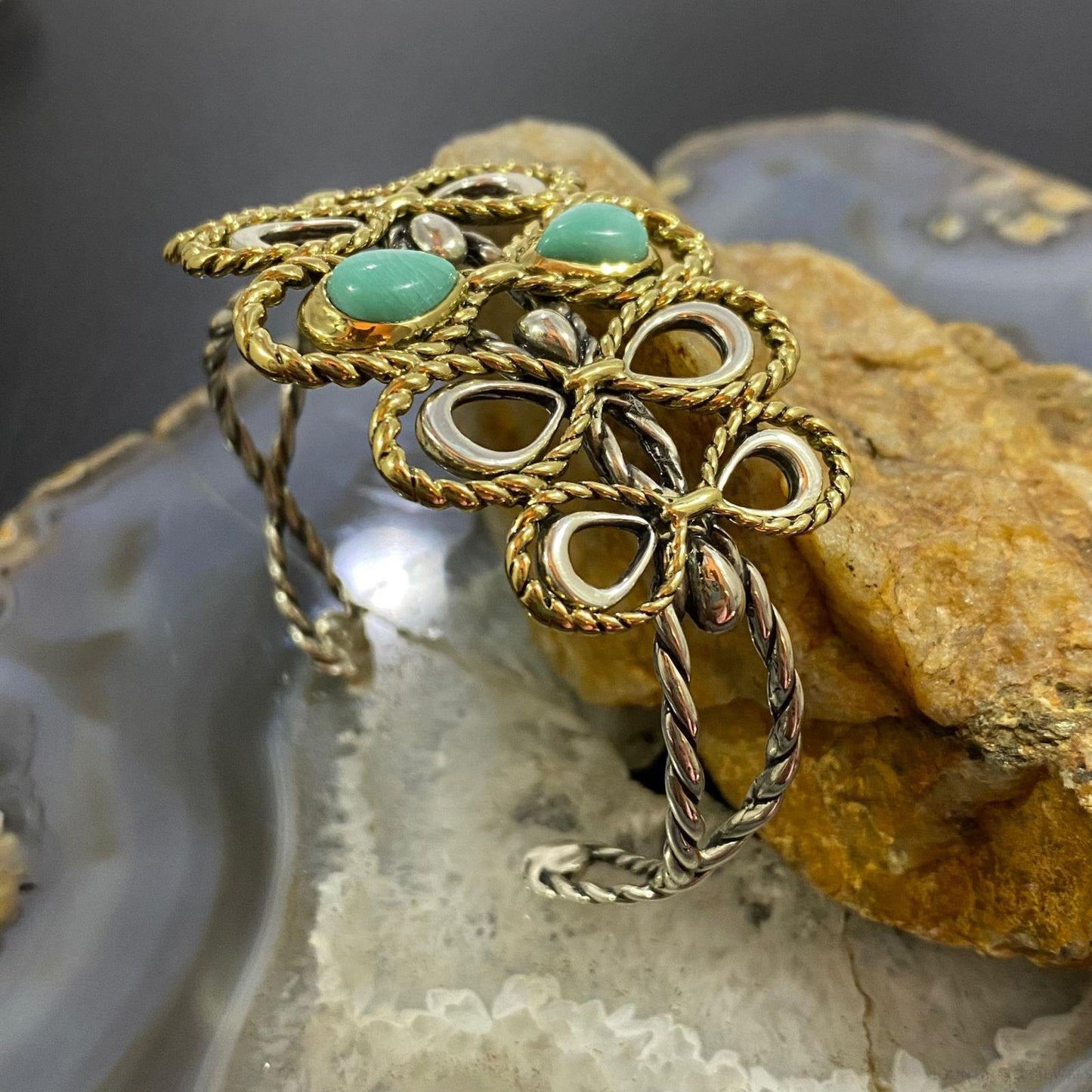 Carolyn Pollack Sterling Silver & Brass 2 Turquoise Decorated Bracelet For Women