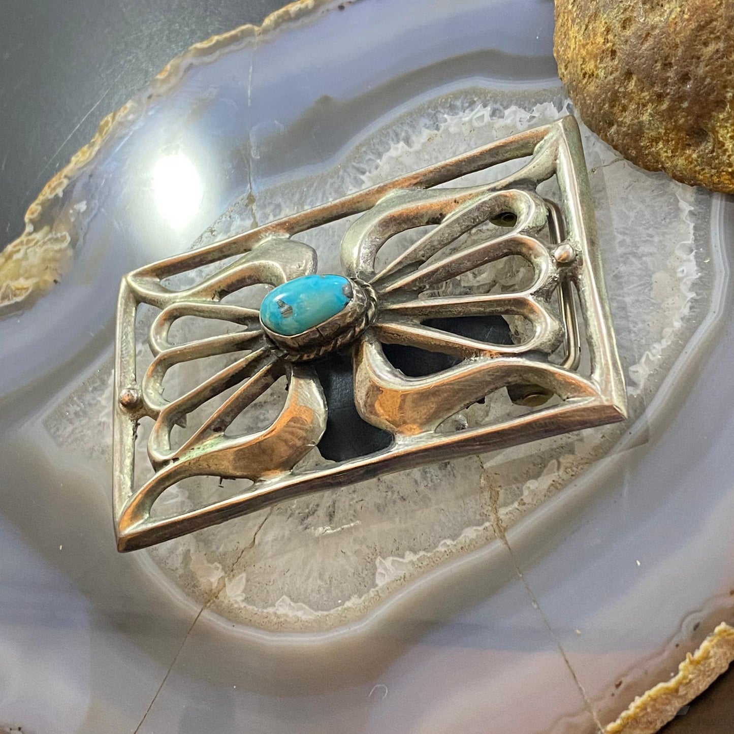 Signed Vintage Native American Silver Sandcast Kingman Turquoise Buckle For Men