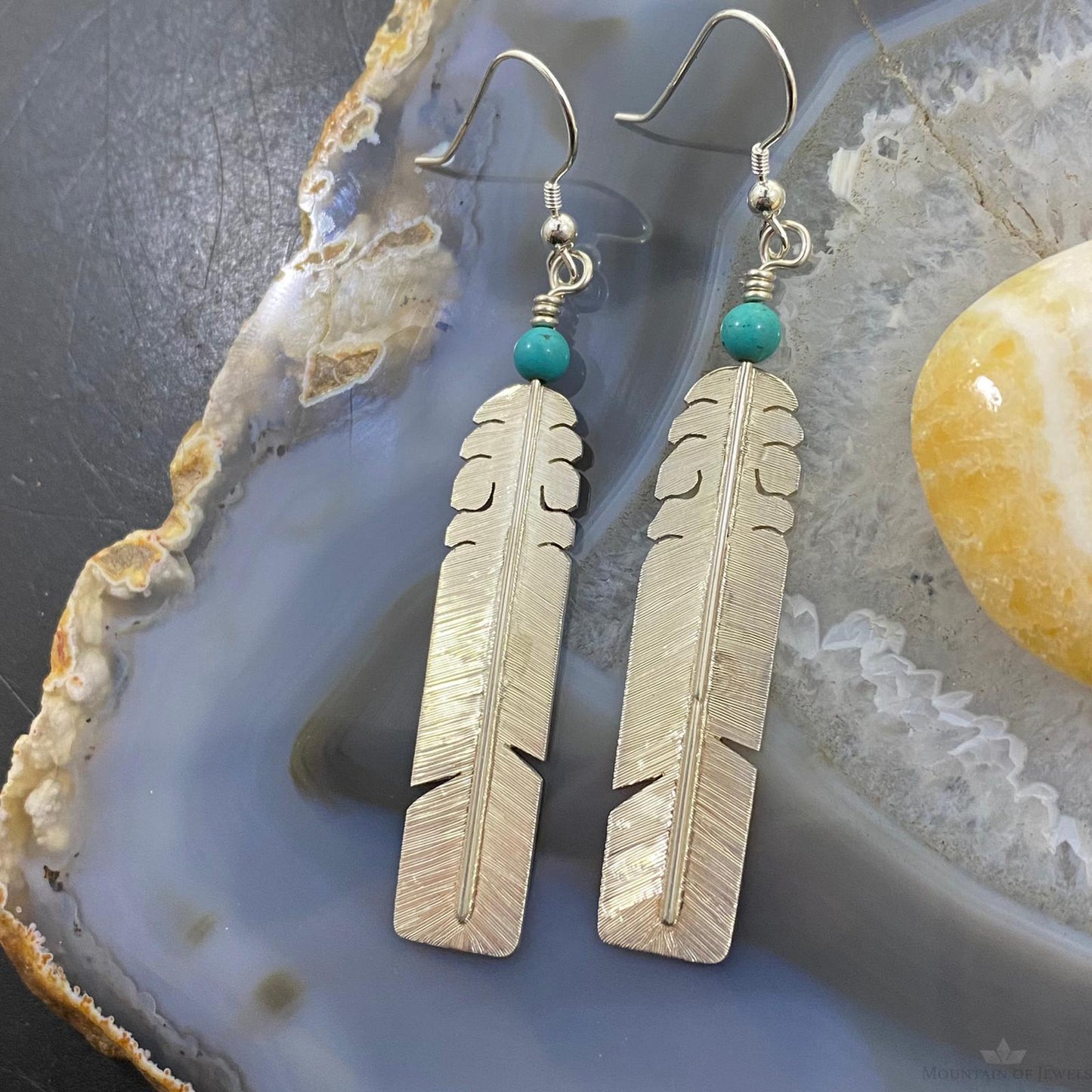David Kuticka Native American Sterling Silver Feather w/Turq Dangle Earrings #1
