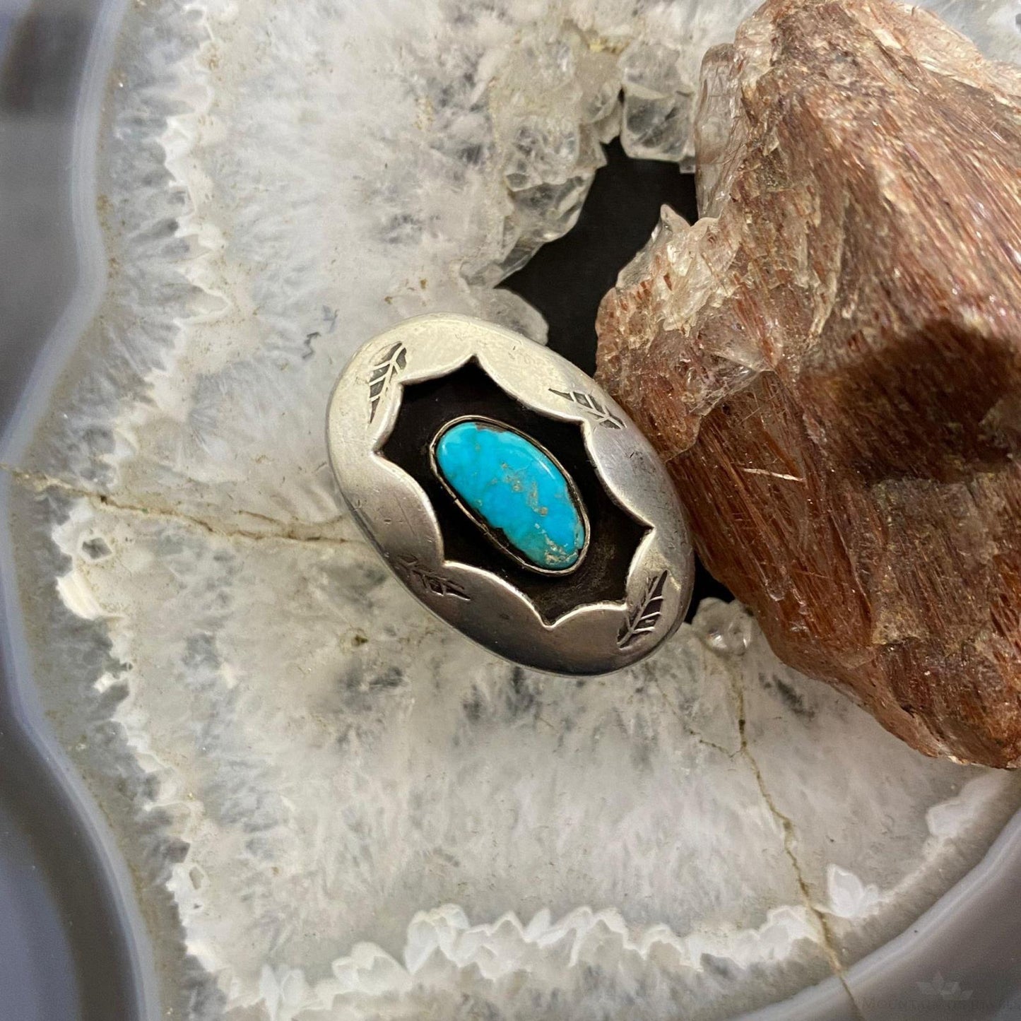 Vintage Native American Silver Shadow Box Turquoise Ring Size 6.25 For Women