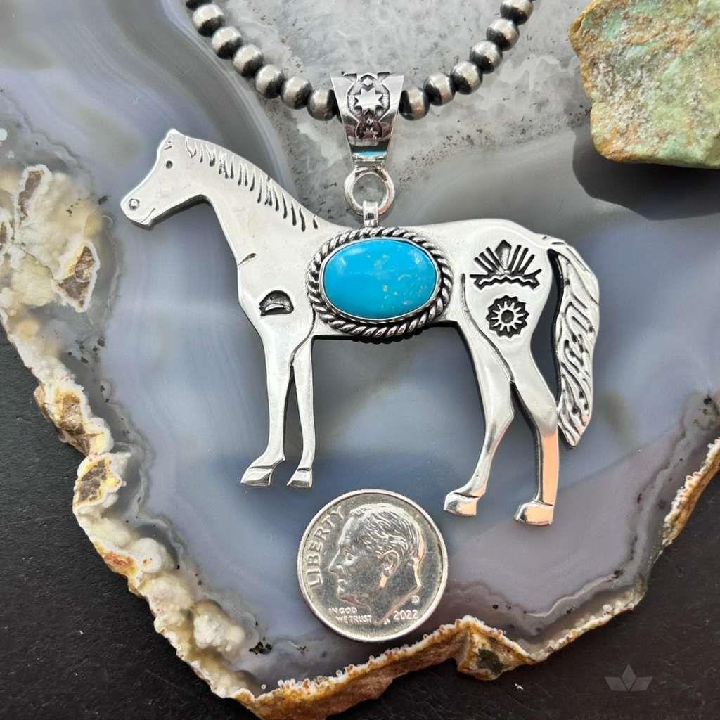 Sterling Silver Turquoise Stamped w/Indigenous Symbols Horse Unisex Pendant