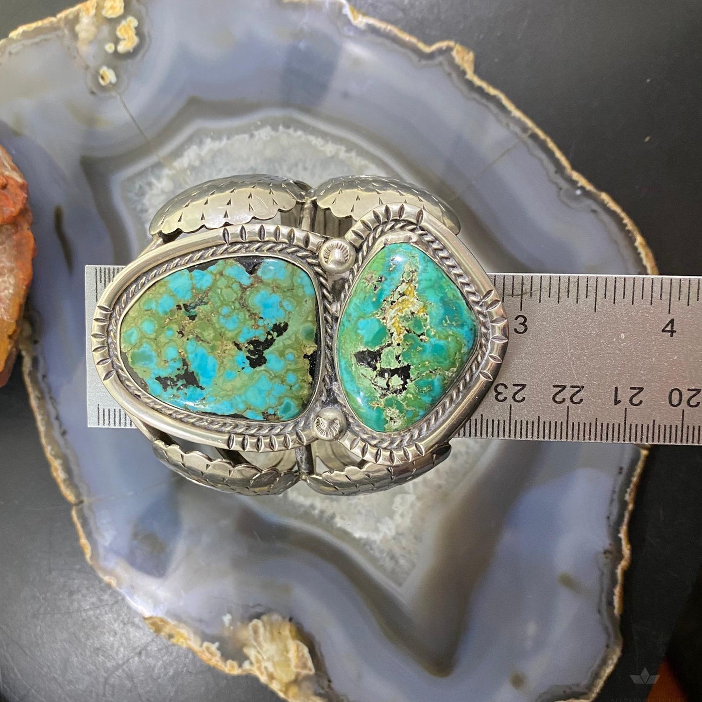 Vintage Native American Silver Cactus Leaves & Turquoise Bracelet For Women