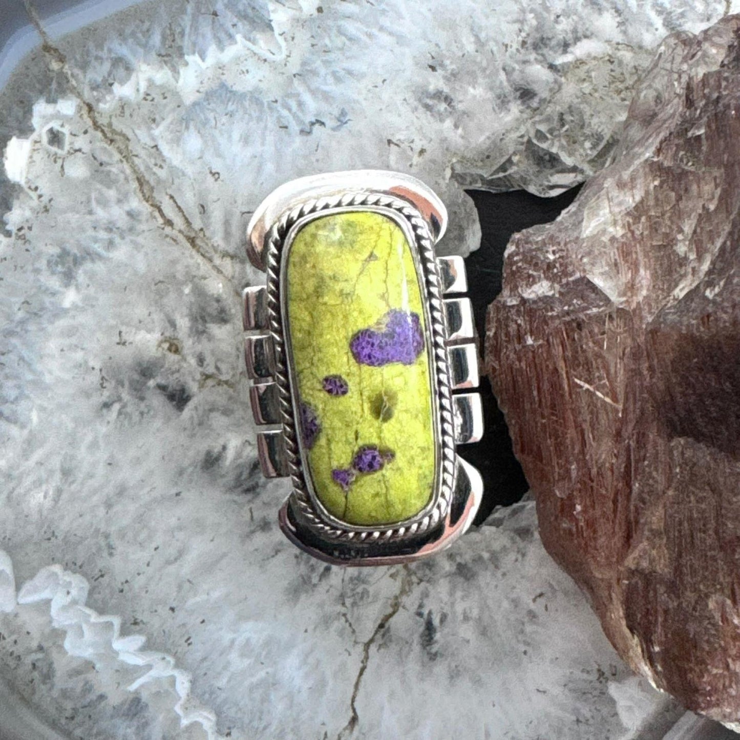Sterling Silver Southwestern Style Atlantisite Decorated Bar Ring Size 8.5 For Women
