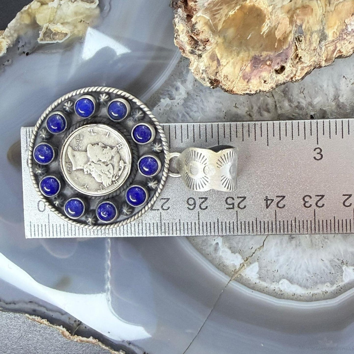 Genuine 90% Silver Mercury Dime Coin w/Lapis Decorated Unisex Pendant