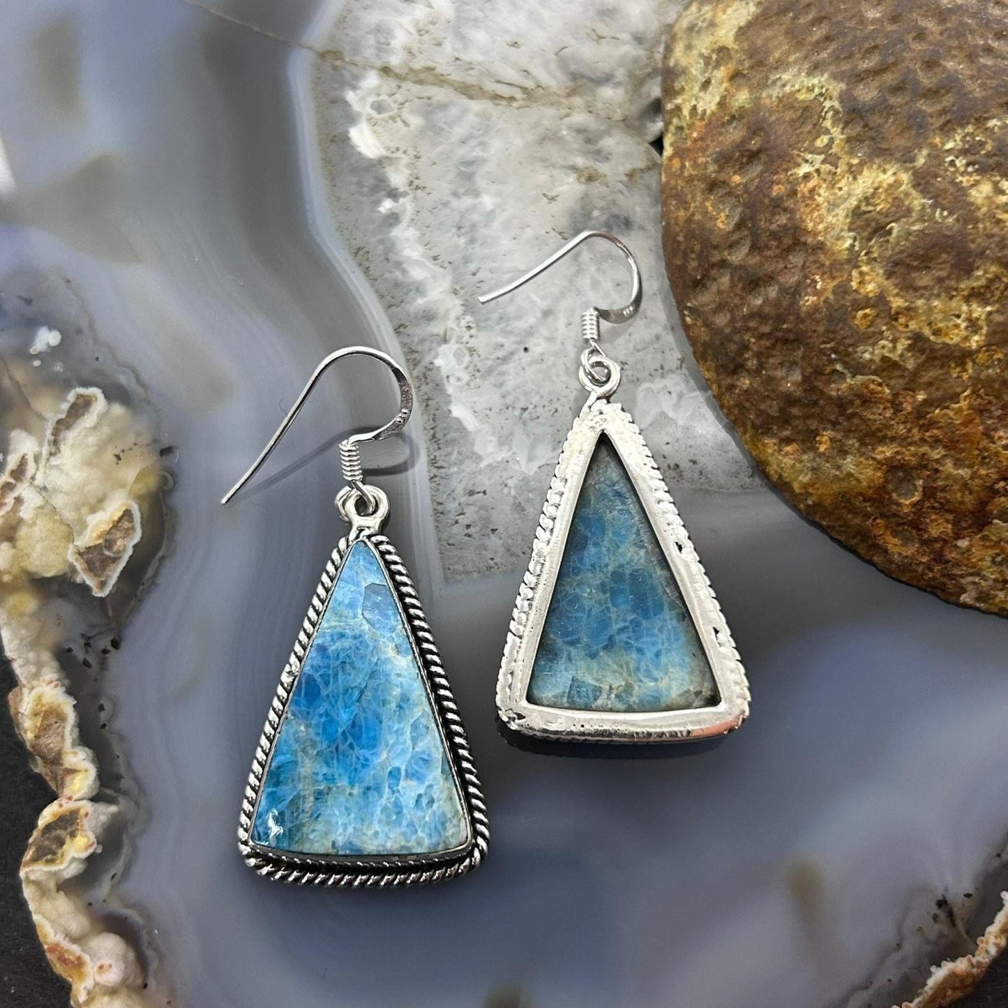 Sterling Silver Southwestern Style Triangle Blue Apatite Dangle Earrings For Women
