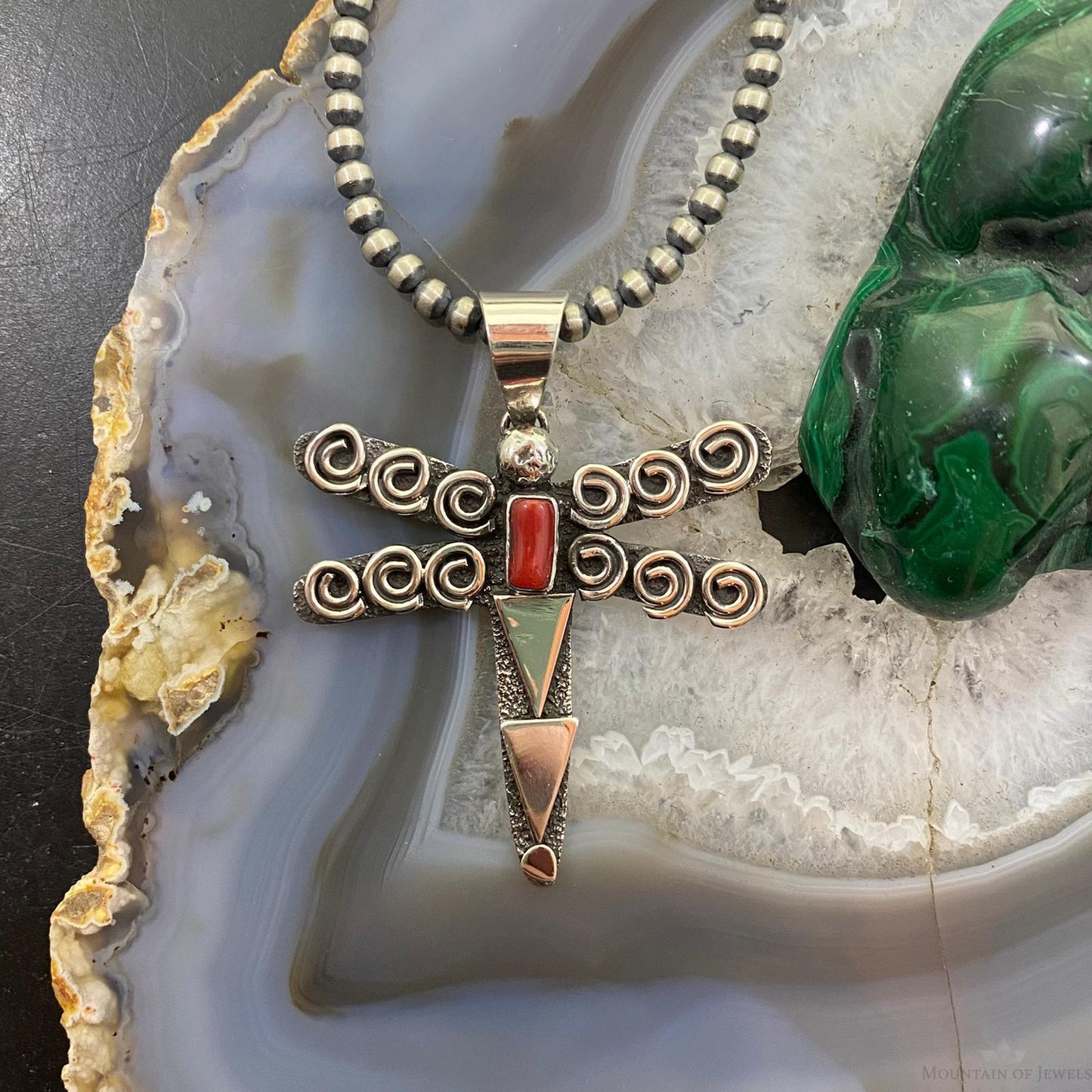 Alex Sanchez Sterling Silver Petroglyph & Coral Dragonfly Unisex Pendant #2
