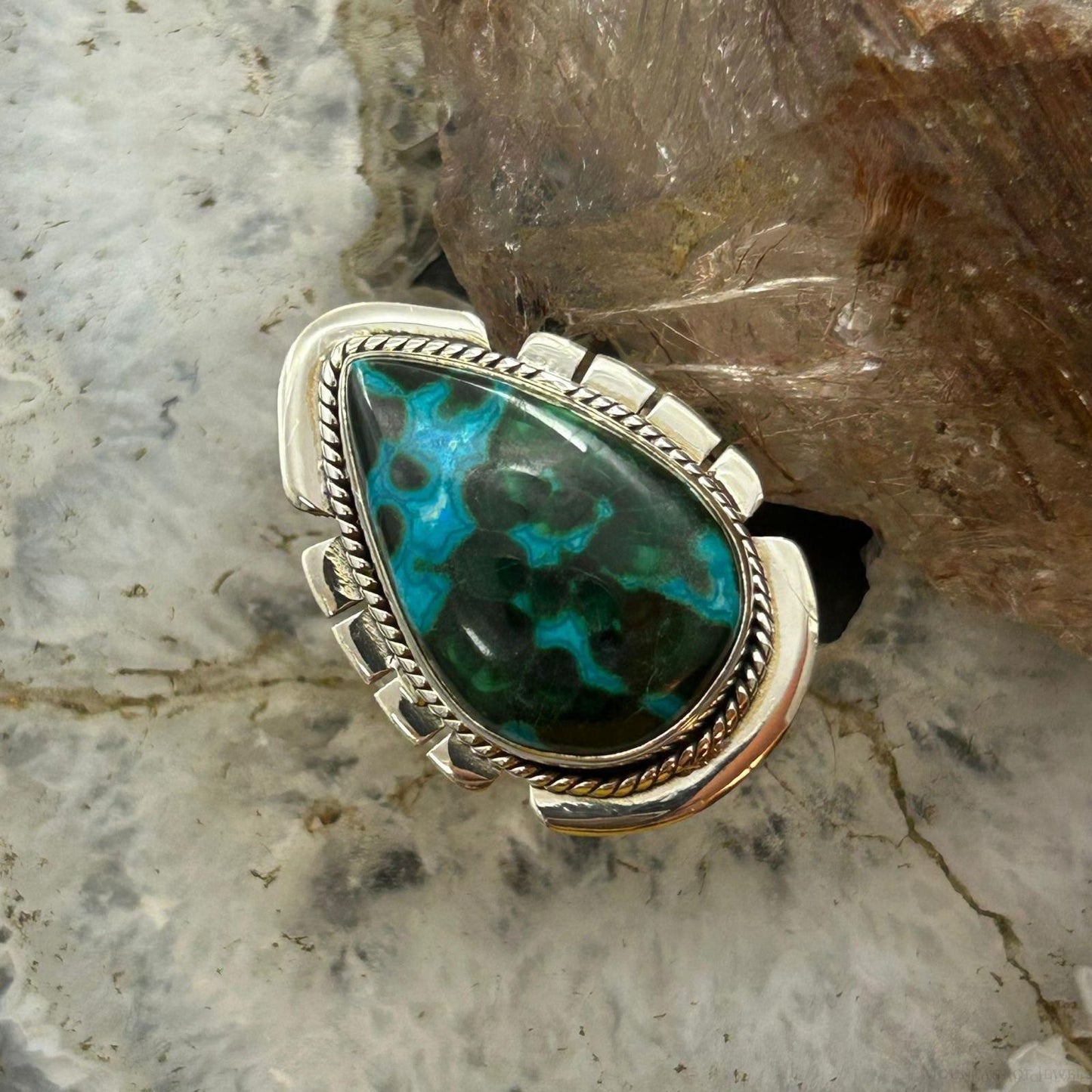 Sterling Silver Southwestern Style Teardrop Malachite Chrysocolla Ring Size 9 For Women