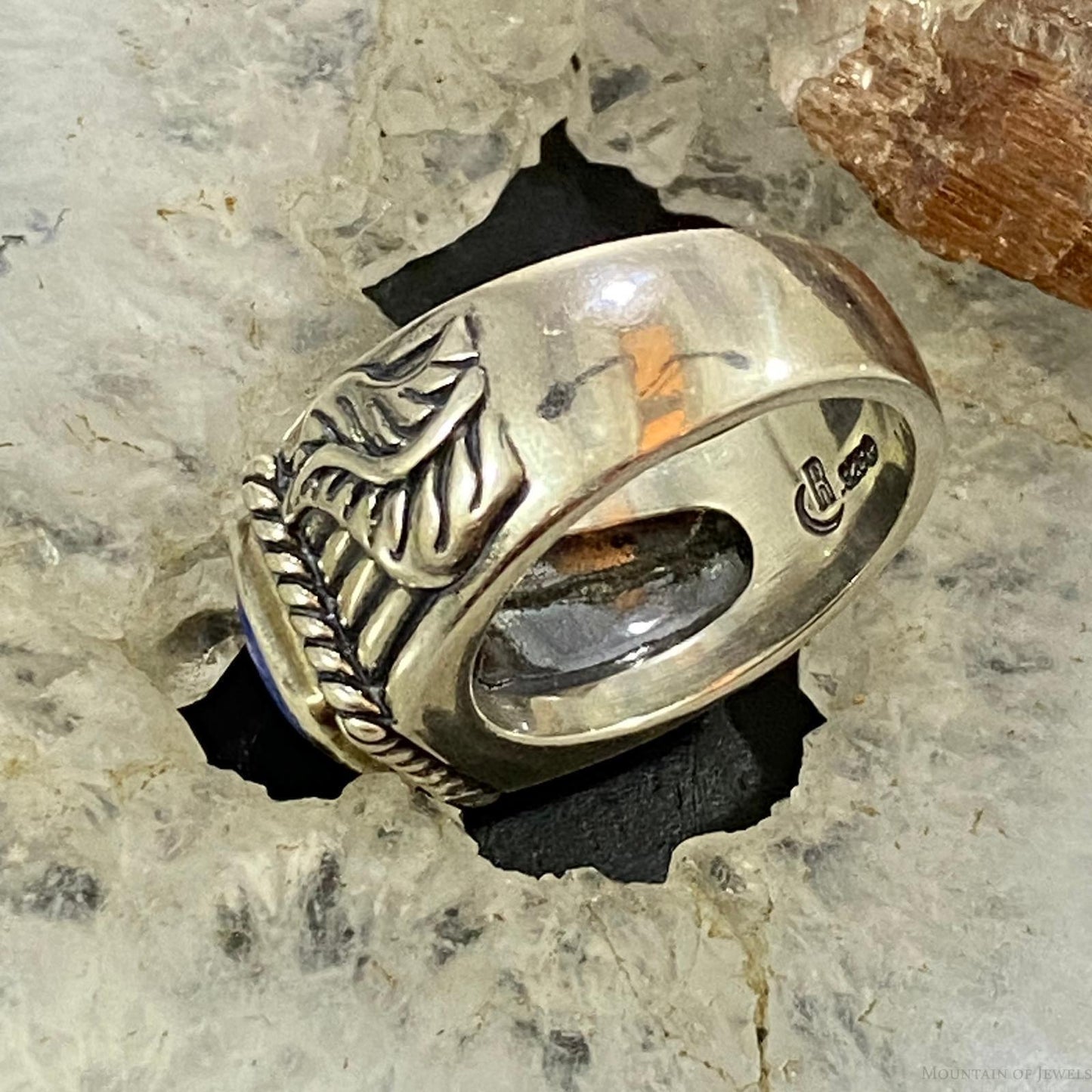 Carolyn Pollack Southwestern Style Sterling Silver Denim Lapis Heavy Decorated Unisex Shield Ring