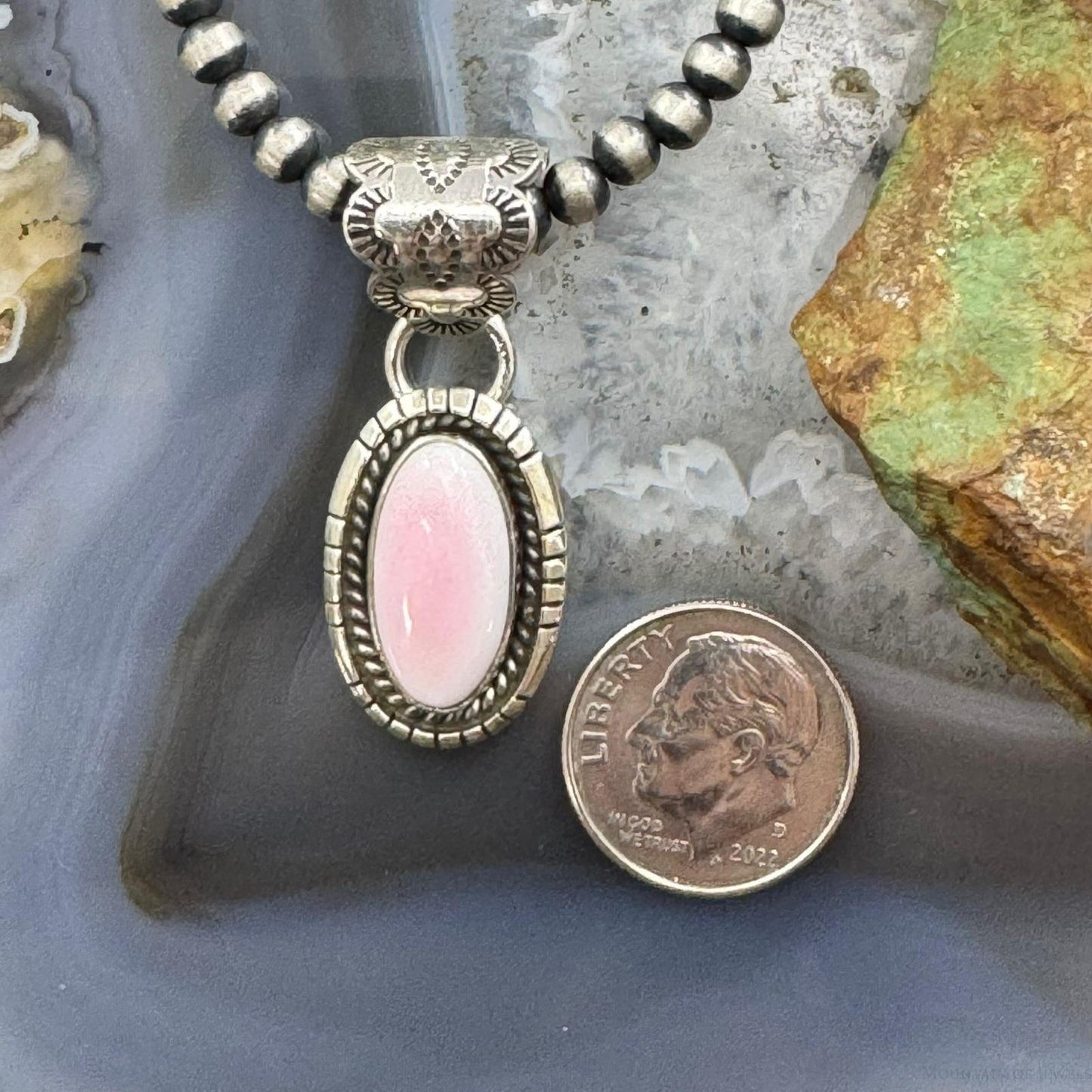 Native American Sterling Silver Oval Pink Conch Decorated Bail Pendant For Women