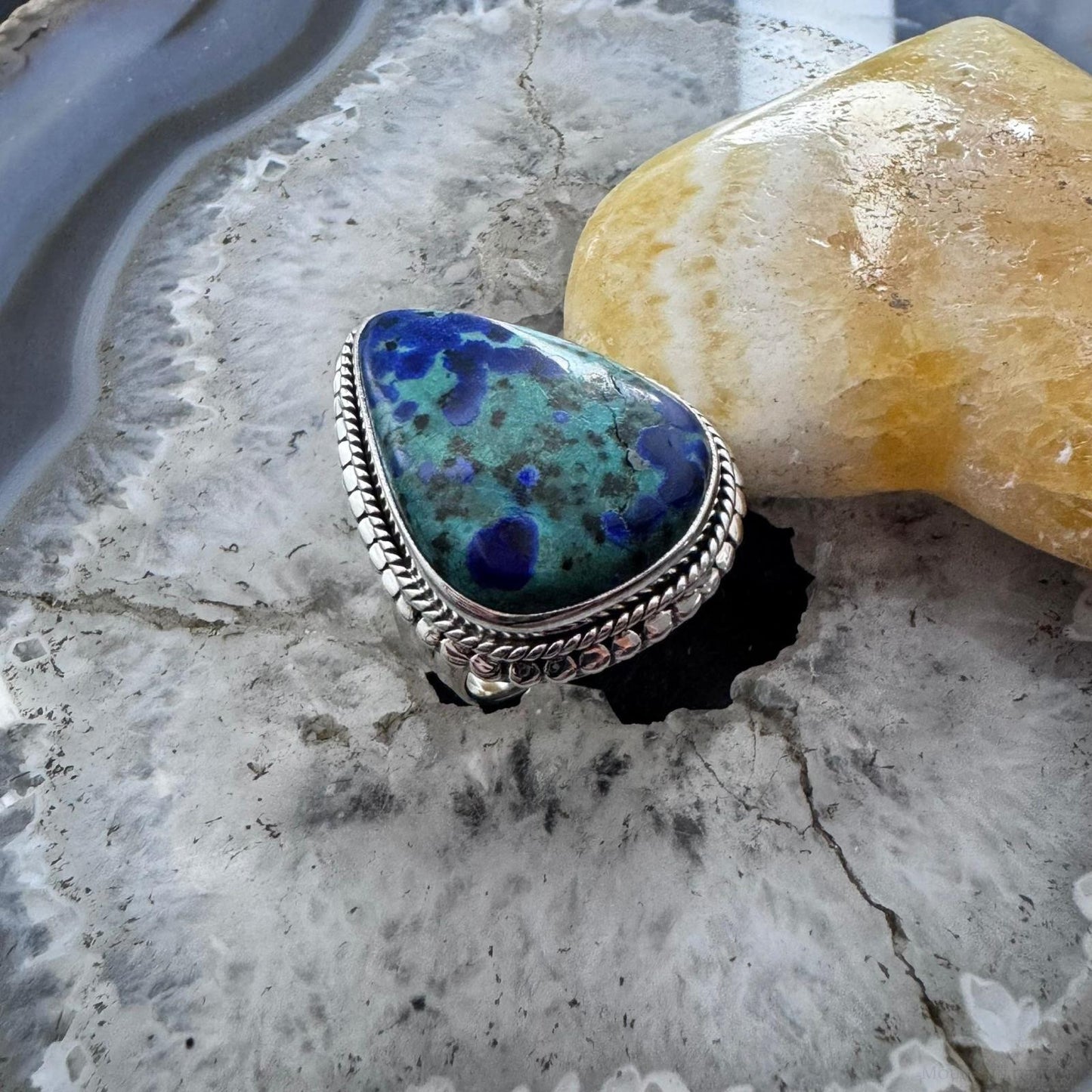 Sterling Silver Southwestern Style Large Teardrop Azurite Ring Size 6 For Women