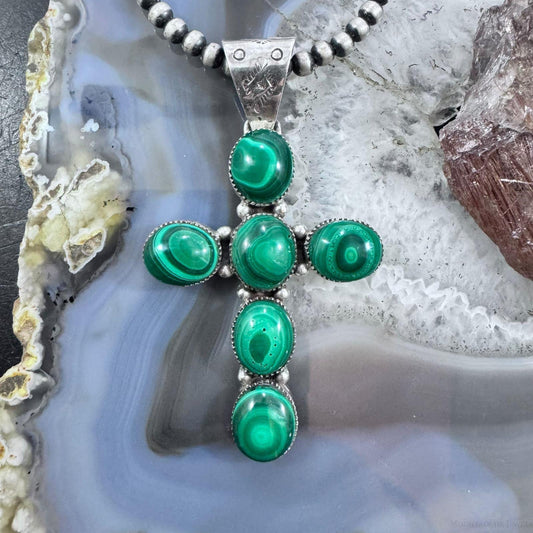 Sterling Silver Southwestern Style Oval Malachite Unisex Cross Pendant