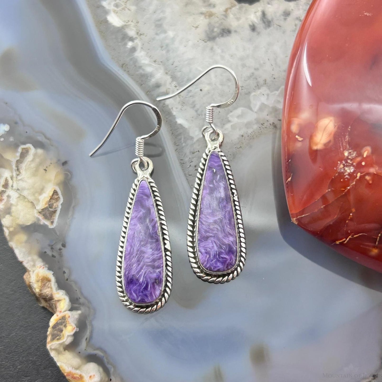 Sterling Silver Southwestern Style Teardrop Charoite Dangle Earrings For Women