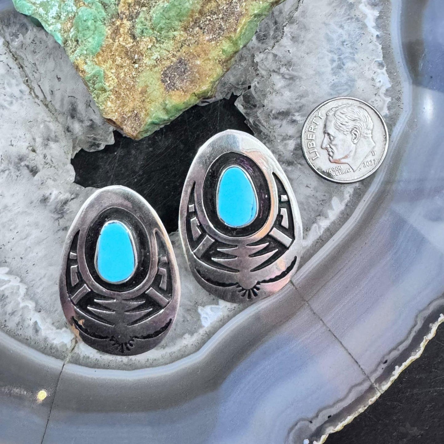 Abraham Begay Native American Sterling Silver Turquoise Overlay Post Earrings For Women