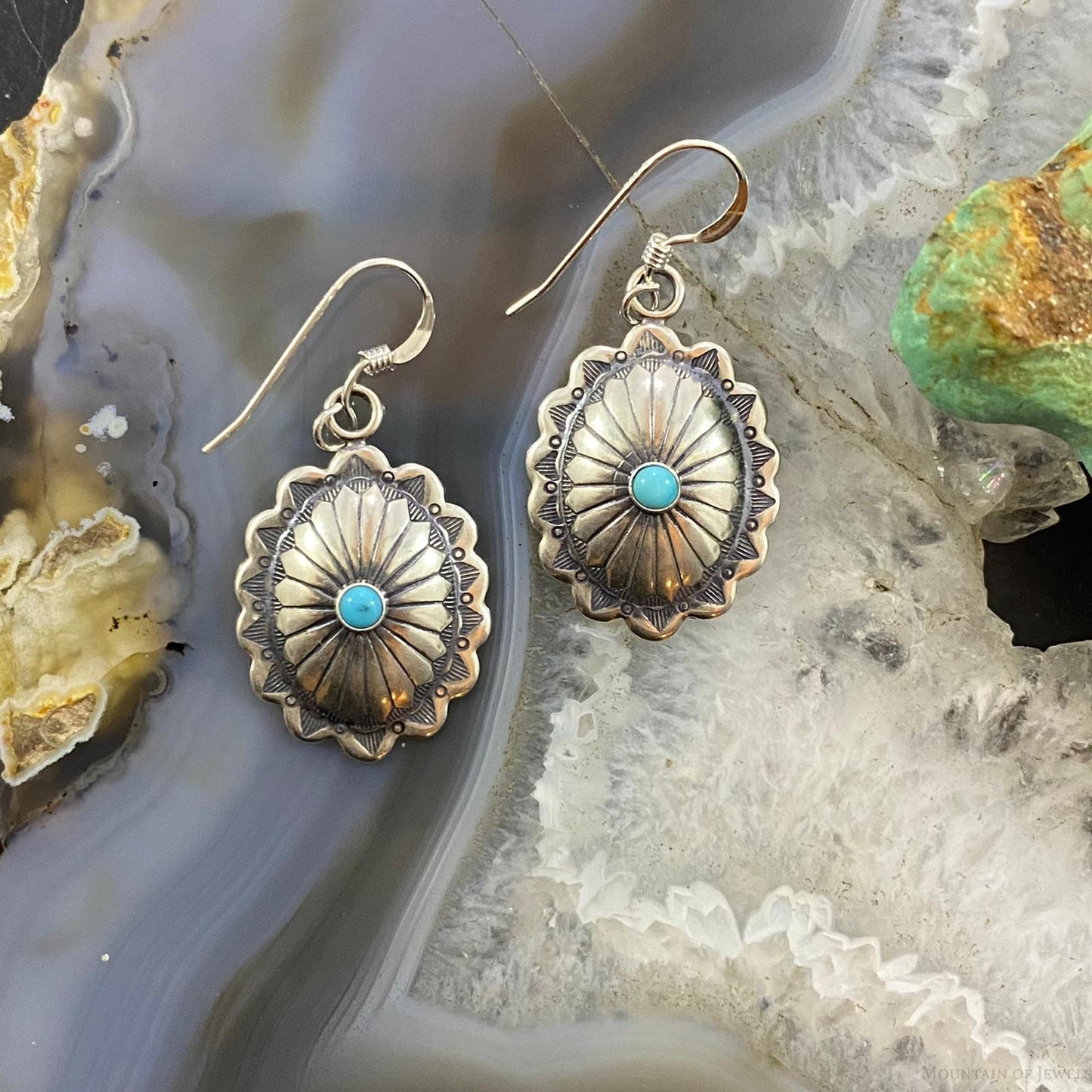 Native American Sterling Silver Turquoise Dot Stamped Concho Dangle Earrings For Women