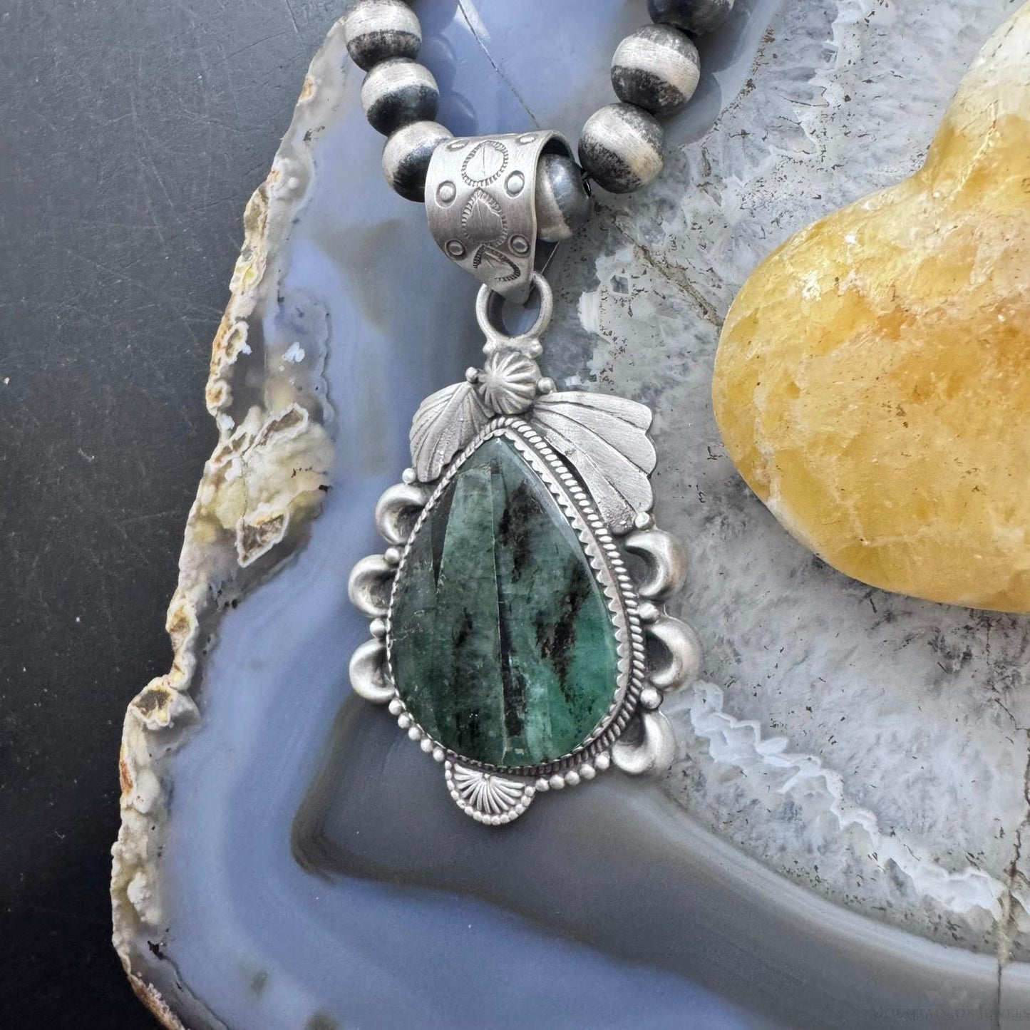 Sterling Silver Southwestern Style Teardrop Natural Emerald Decorated Pendant For Women