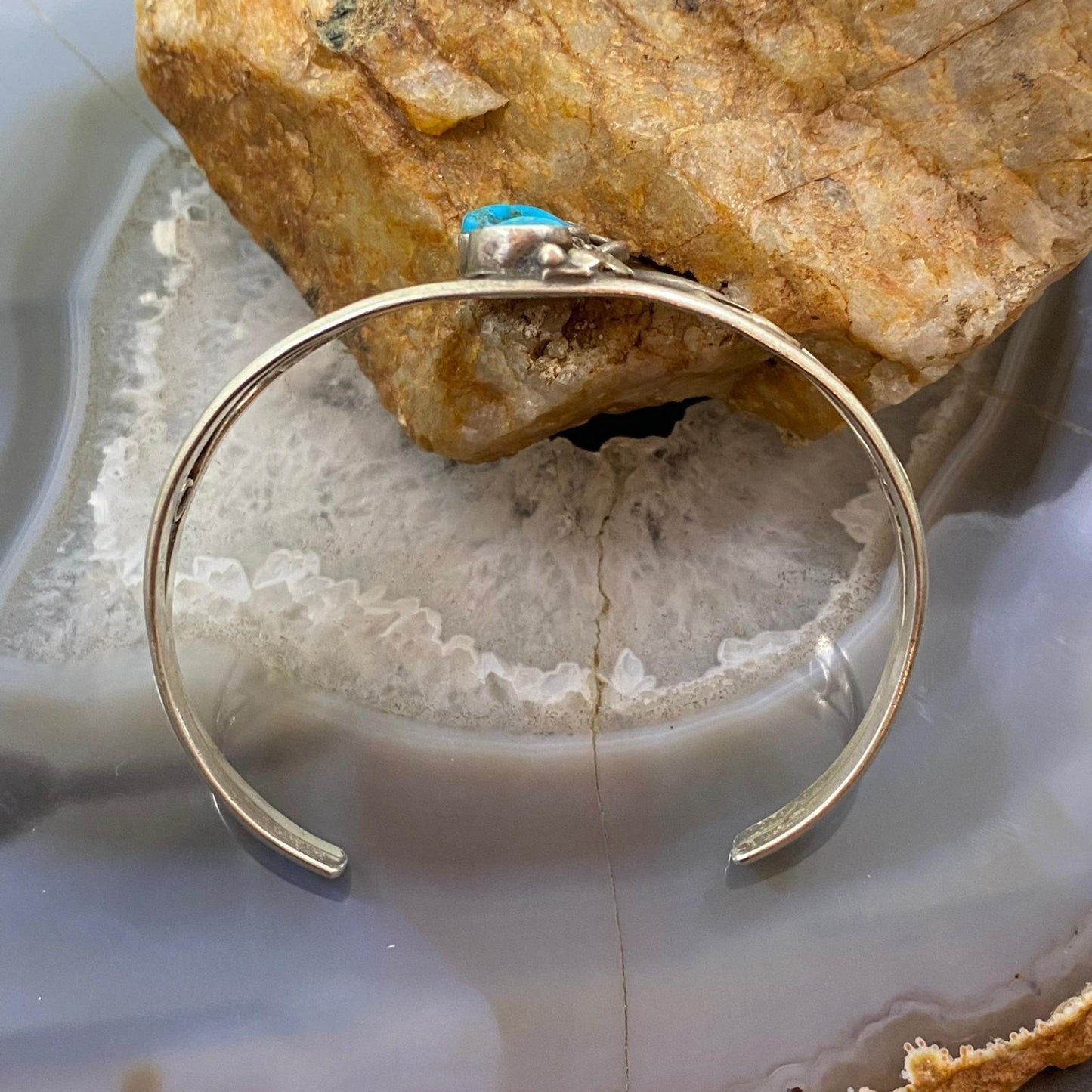 Vintage Native American Silver 2 Oval Kingman Turquoise Decorated Bracelet