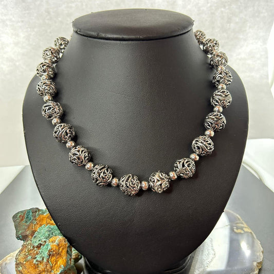 Carolyn Pollack Sterling Silver Decorated Swirl Hallow Beaded Necklace For Women