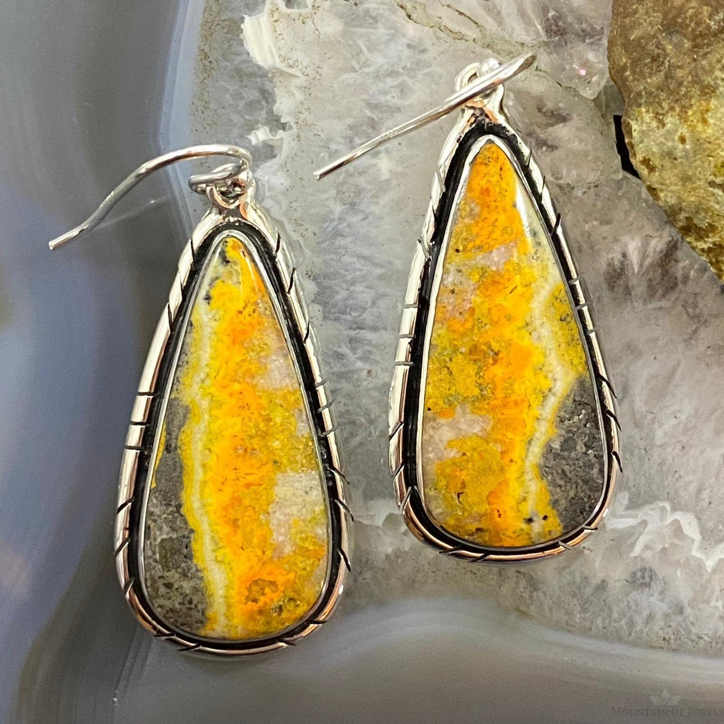 Native American Sterling Teardrop Bumblebee Jasper Dangle Earrings For Women