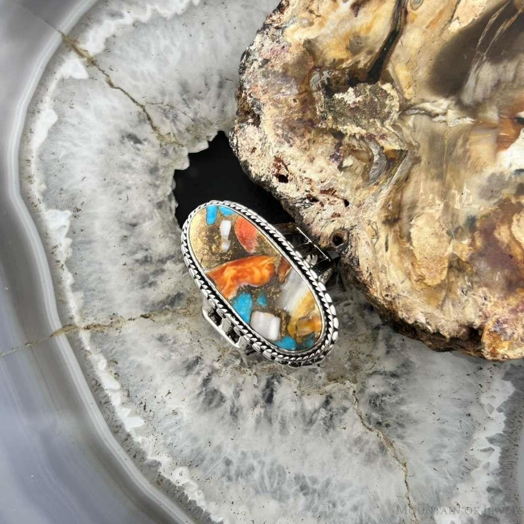 Sterling Silver Southwestern Style Oval Spiny Oyster Turquoise Ring Size 7.25 For Women