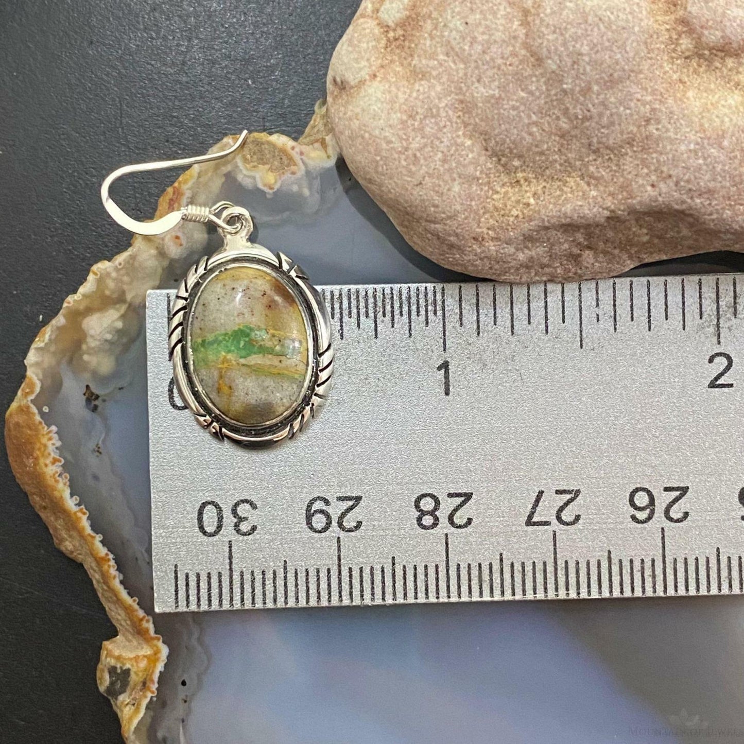 Native American Sterling Silver Oval Boulder Ribbon Turquoise Dangle Earrings
