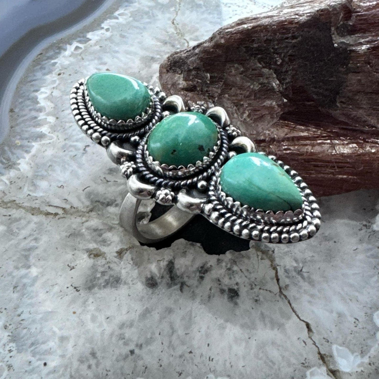 Sterling Silver Southwestern Style 3 Green Turquoise Adjustable Ring For Women