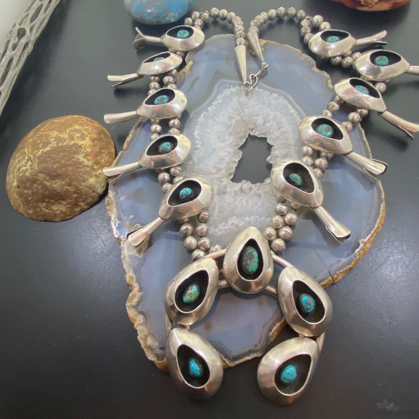 Native American Silver Shadow Box Turquoise Squash Blossom Necklace 31"