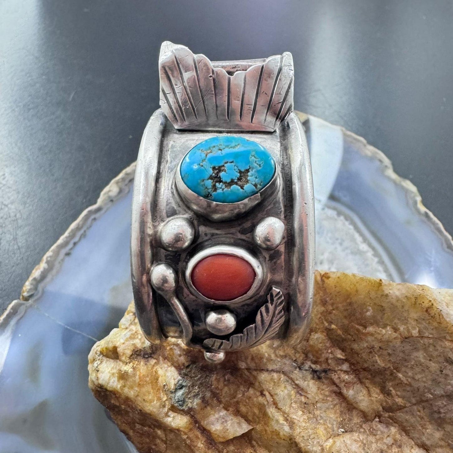 Roy Vandever Vintage Silver 2 Turquoise & 2 Coral Decorated Watch Cuff For Women