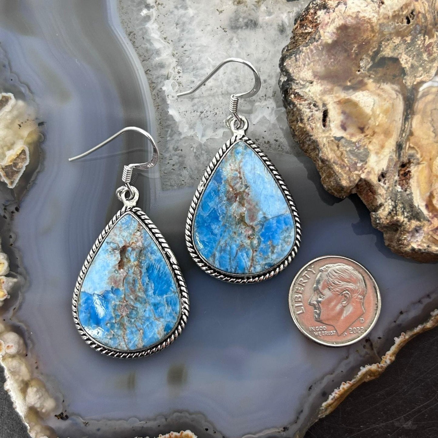 Sterling Silver Southwestern Style Blue Apatite Dangle Earrings For Women #2