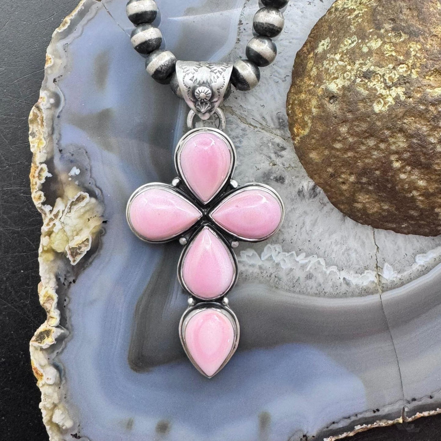 Native American Sterling Silver Teardrop Pink Conch Cross Pendant For Women