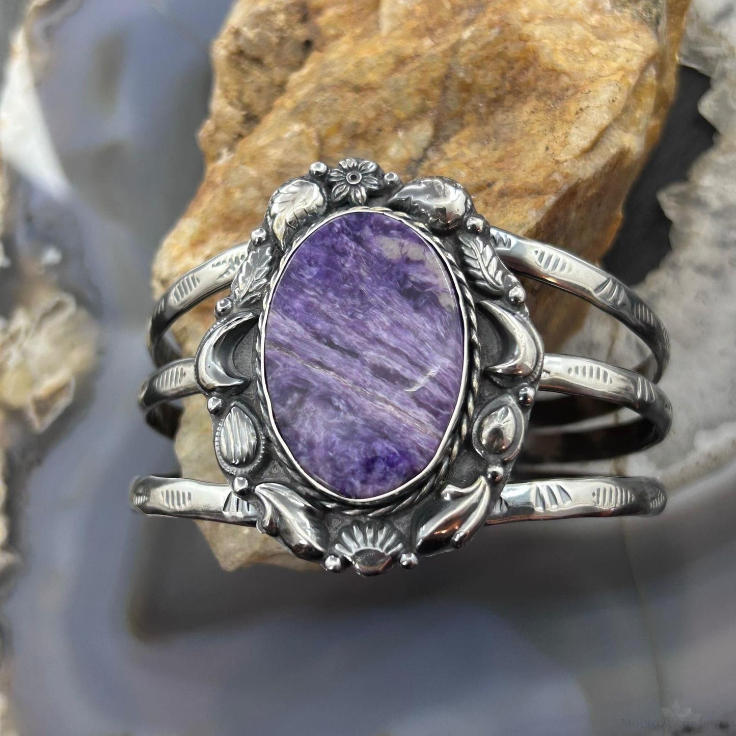 Sterling Silver Southwestern Style Large Oval Charoite Decorated Bracelet For Women