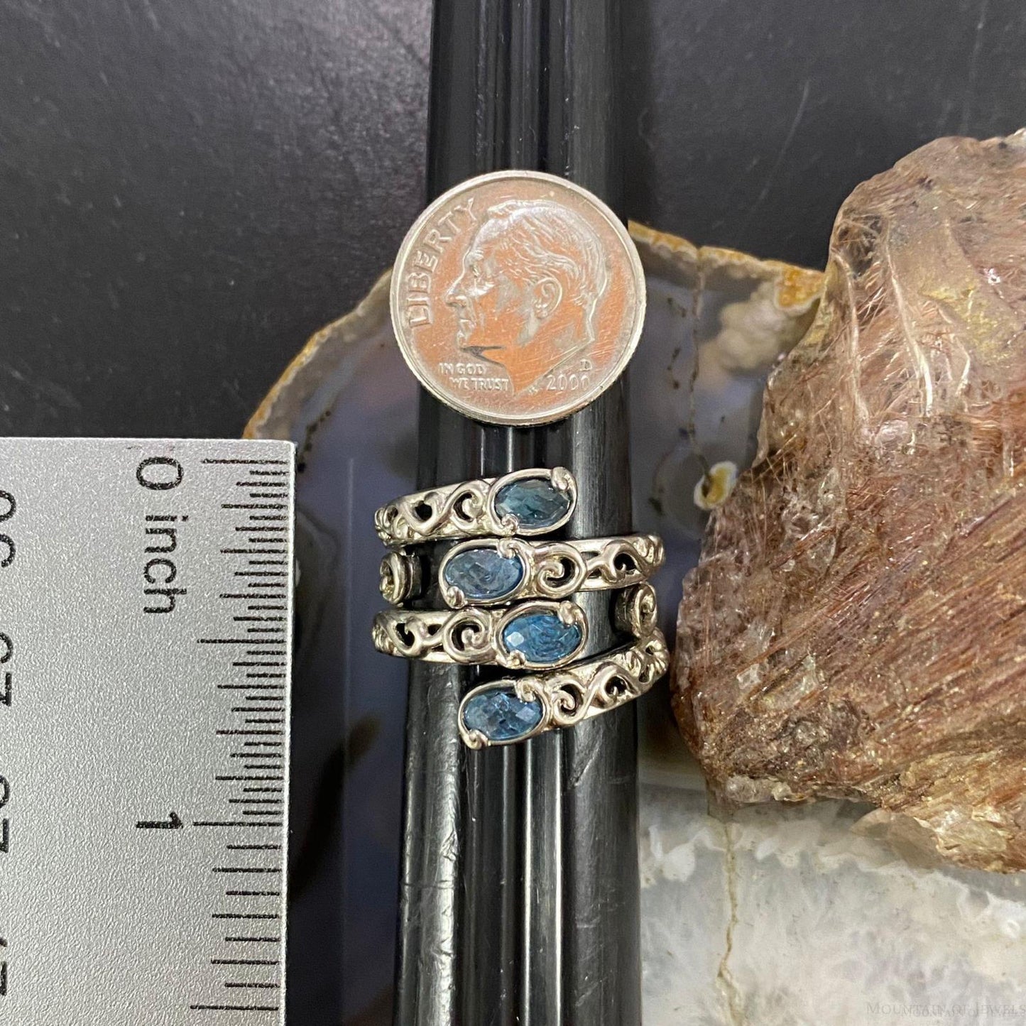 Carolyn Pollack Sterling Silver 4 Oval Faceted London Blue Topaz Decorated Ring For Women