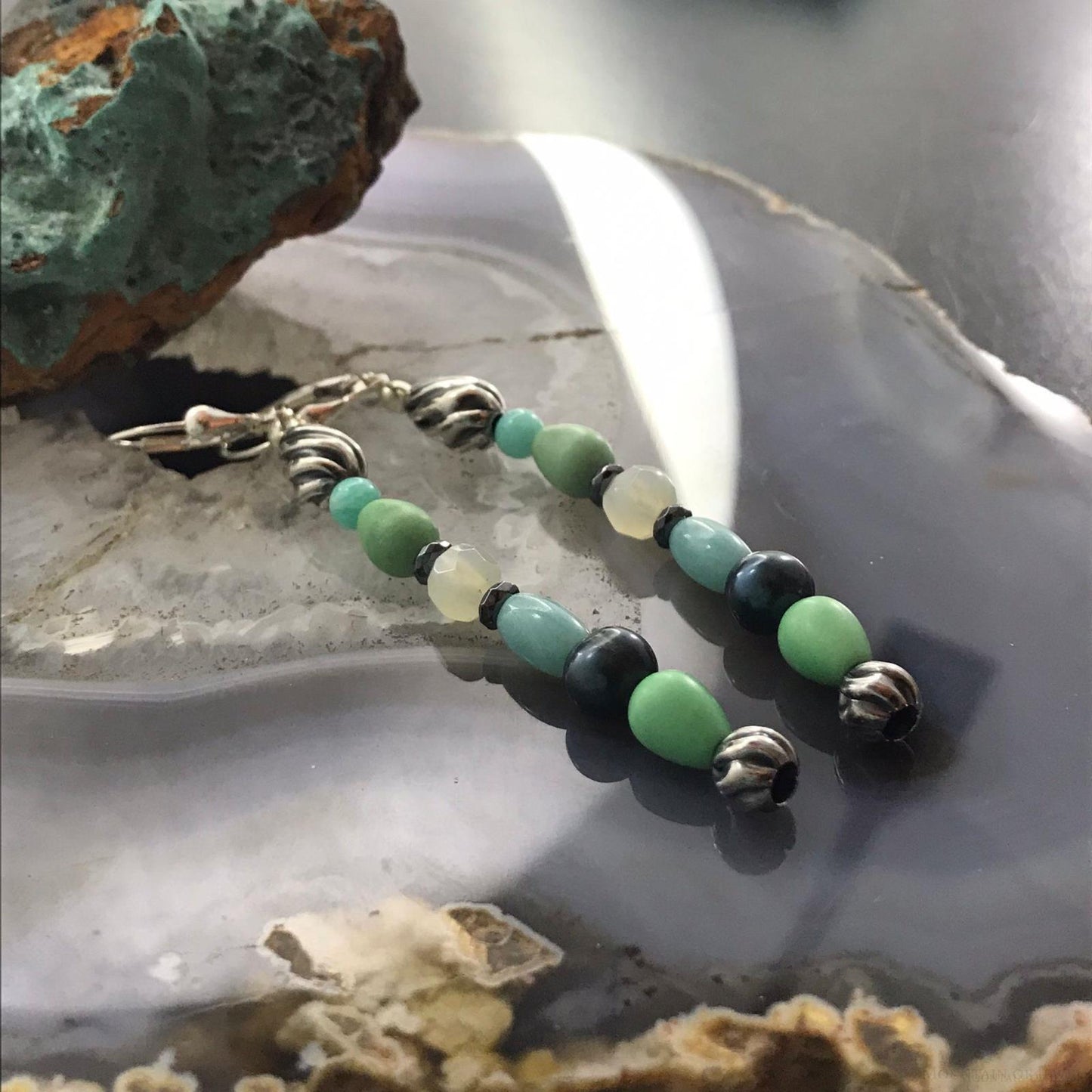 Carolyn Pollack Sterling Silver Amazonite, Variscite, Quartz & Pearl Dangle Earrings For Women