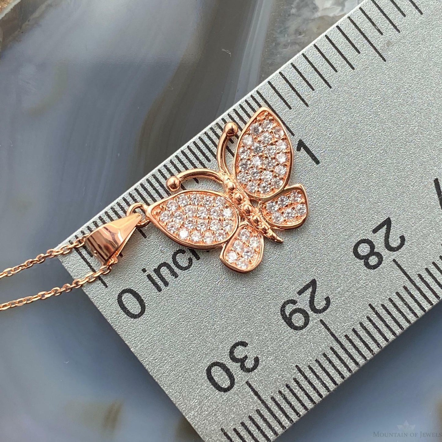 Sterling Silver Rose Coated with Cubic Zirconia Butterfly Pendant with Chain