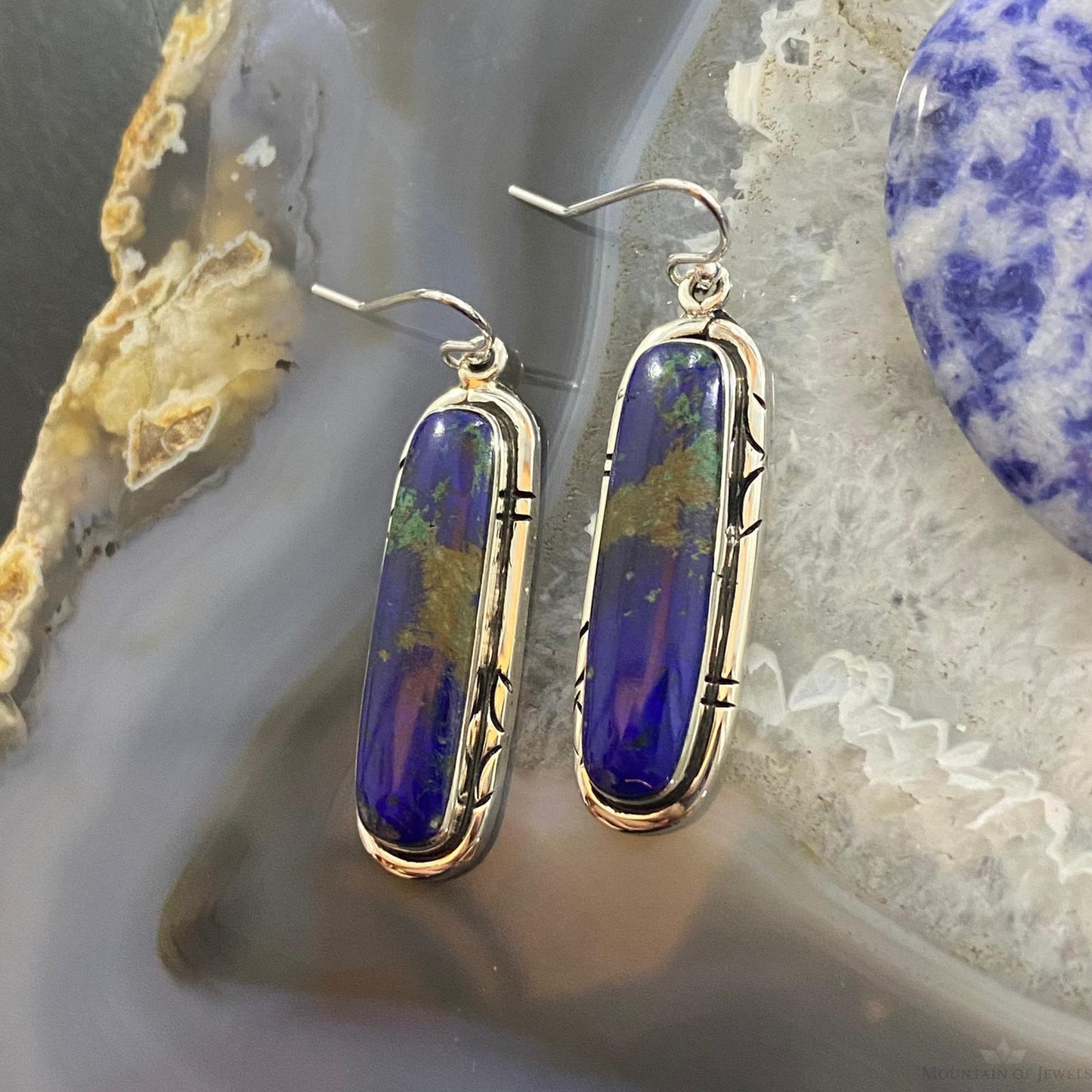 Native American Sterling Silver Oval Azurite Malachite Dangle Earrings For Women