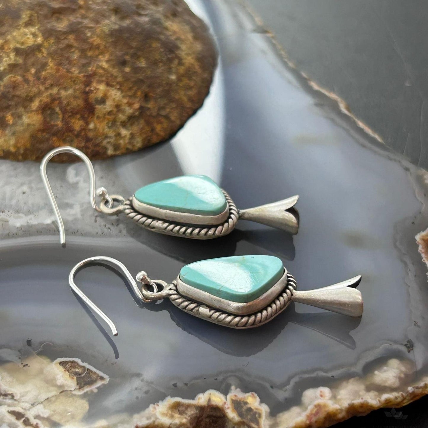 Sterling Silver Southwestern Style Turquoise Squash Blossom Dangle Earrings For Women #2