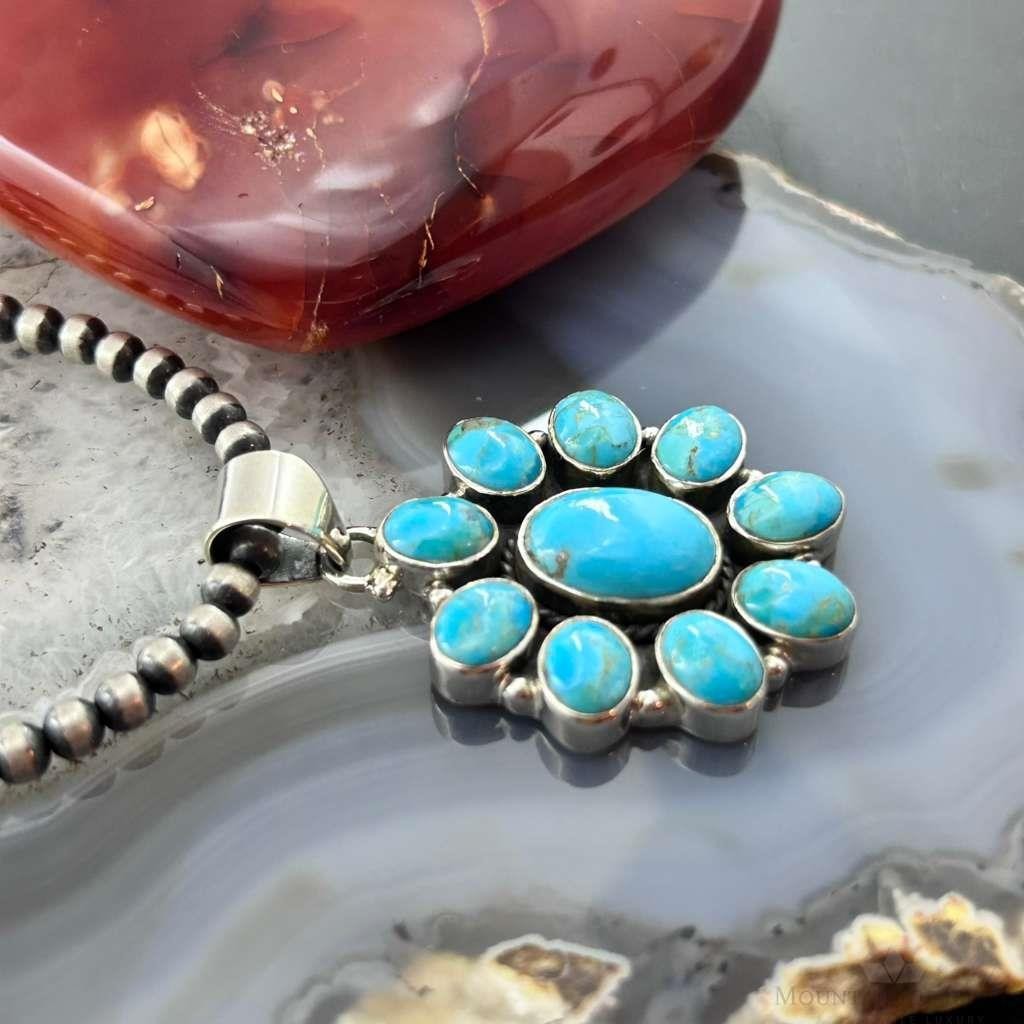 Sterling Silver Southwestern Style Mohave Turquoise Cluster Pendant For Women