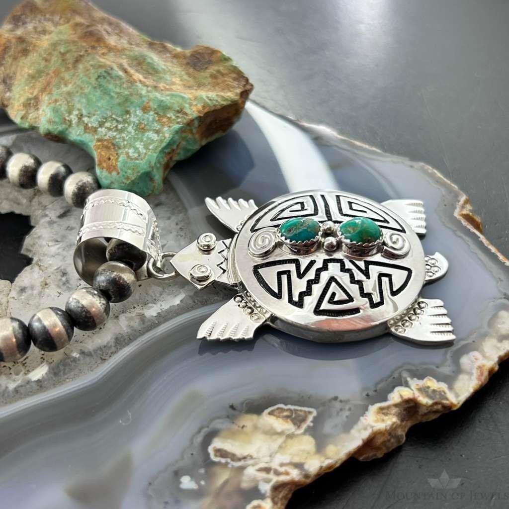 Alonzo Mariano Sterling Silver Overlay Turtle & 2 Turquoise Unisex Pendant