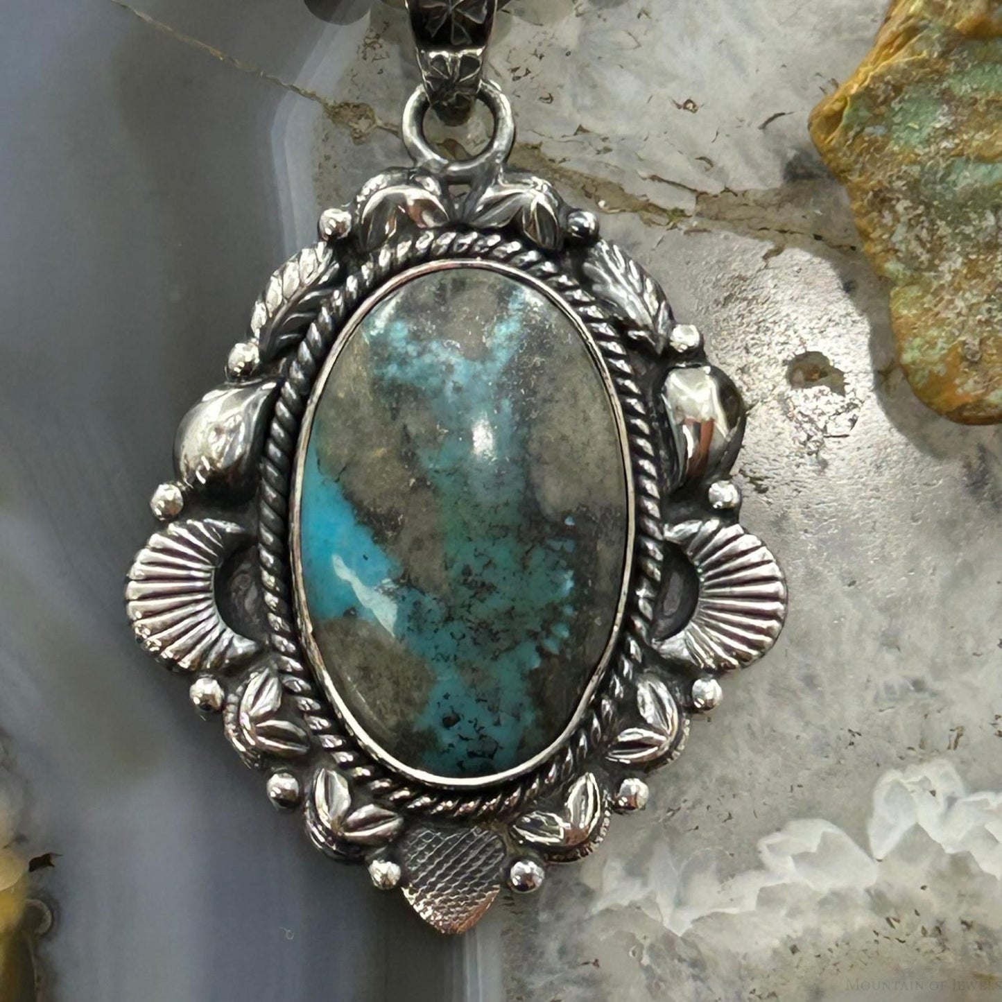 Sterling Silver Southwestern Style Oval Turquoise Decorated Pendant For Women #4