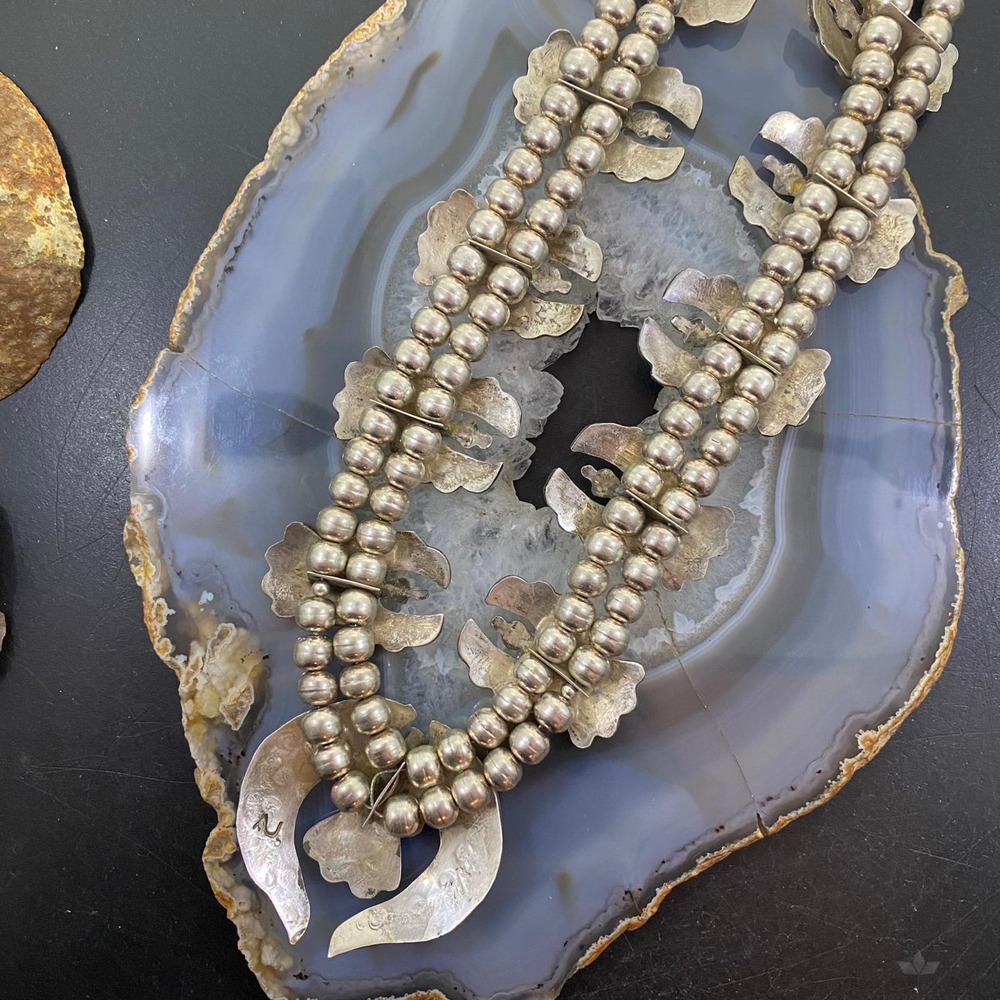 Vintage Native American Silver Chip Inlay Thunderbird Squash Blossom Necklace