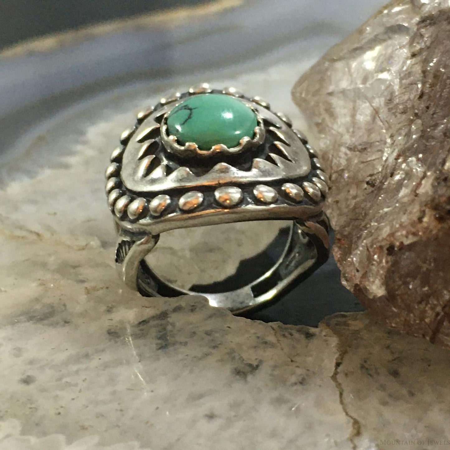 Carolyn Pollack Vintage Southwestern Style Sterling Oval Green Turquoise Decorated Ring For Women