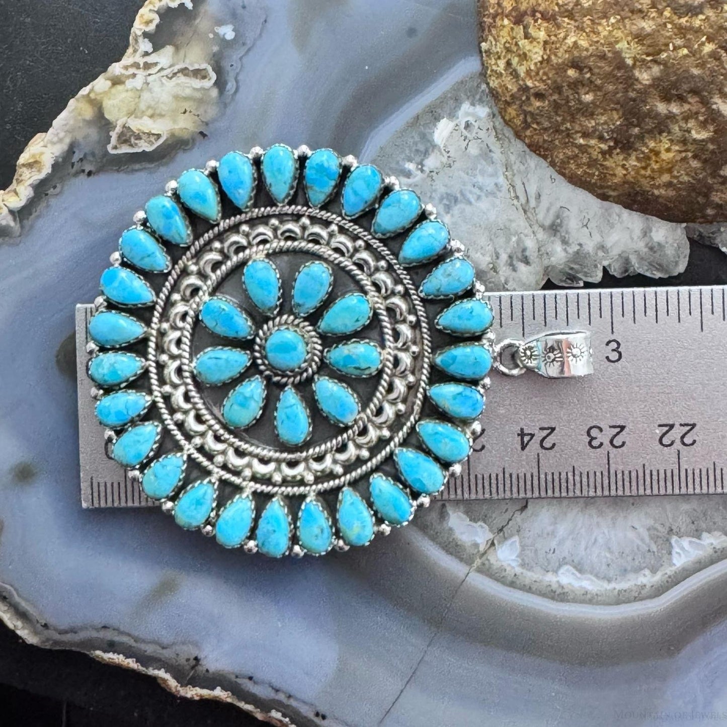 Sterling Silver Southwestern Style Turquoise Decorated Round Cluster Pendant For Women