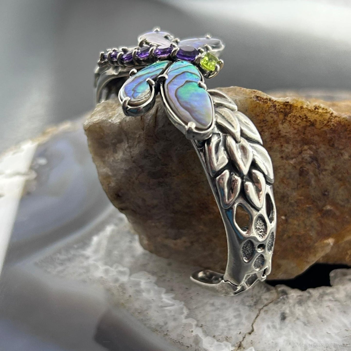 Carolyn Pollack Sterling Silver Multi Gemstone Dragonfly Decorated Hinged Cuff Bracelet